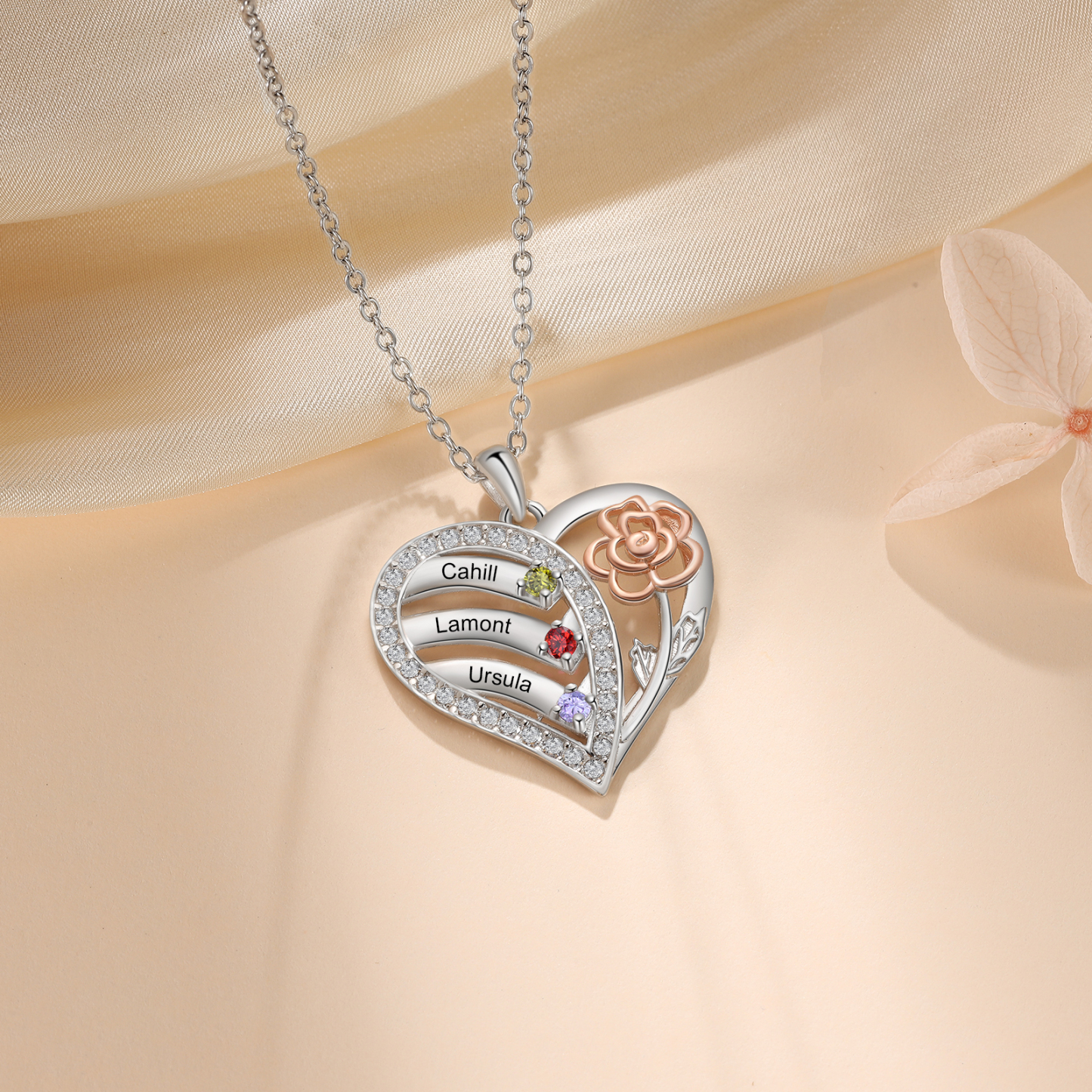 Collier Coeur Rose 3 Prénoms Personnalisés avec Pierres de naissance pour Femmes|Jessemade