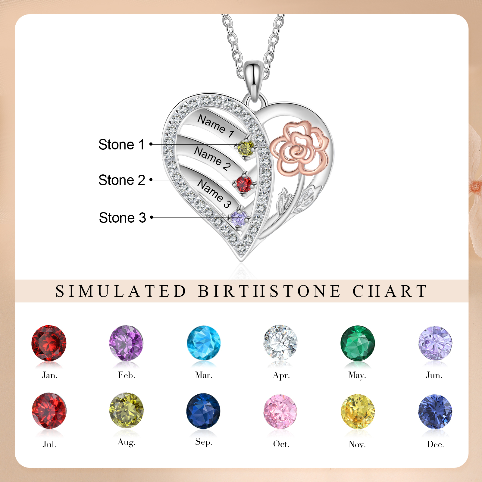 Collier Coeur Rose 3 Prénoms Personnalisés avec Pierres de naissance pour Femmes|Jessemade
