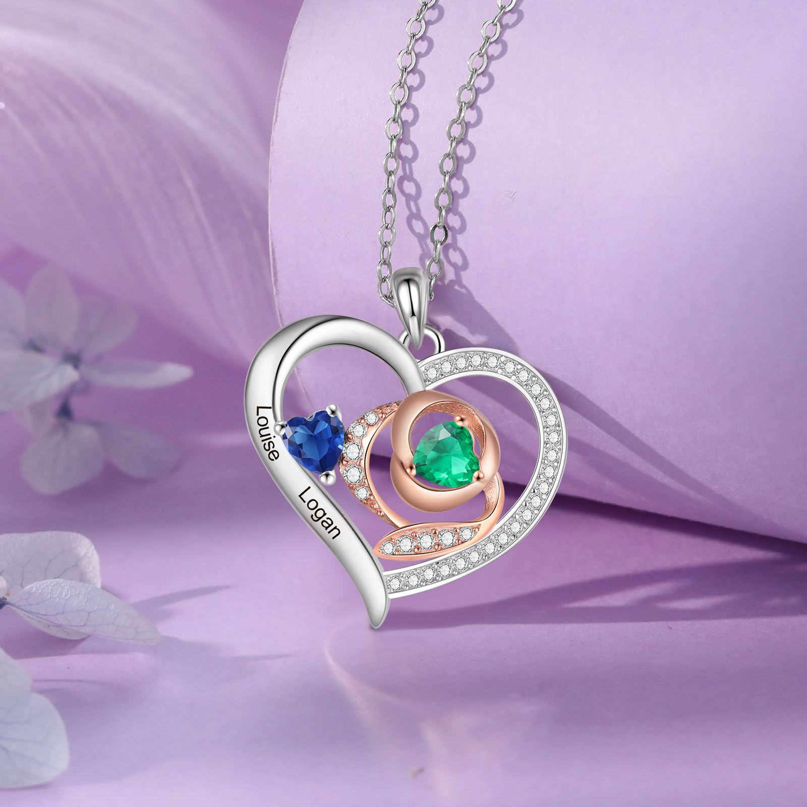 Collier Coeur 2 Prénoms Personnalisés avec Pierres de naissance pour Femmes Saint valentin｜Jessemade