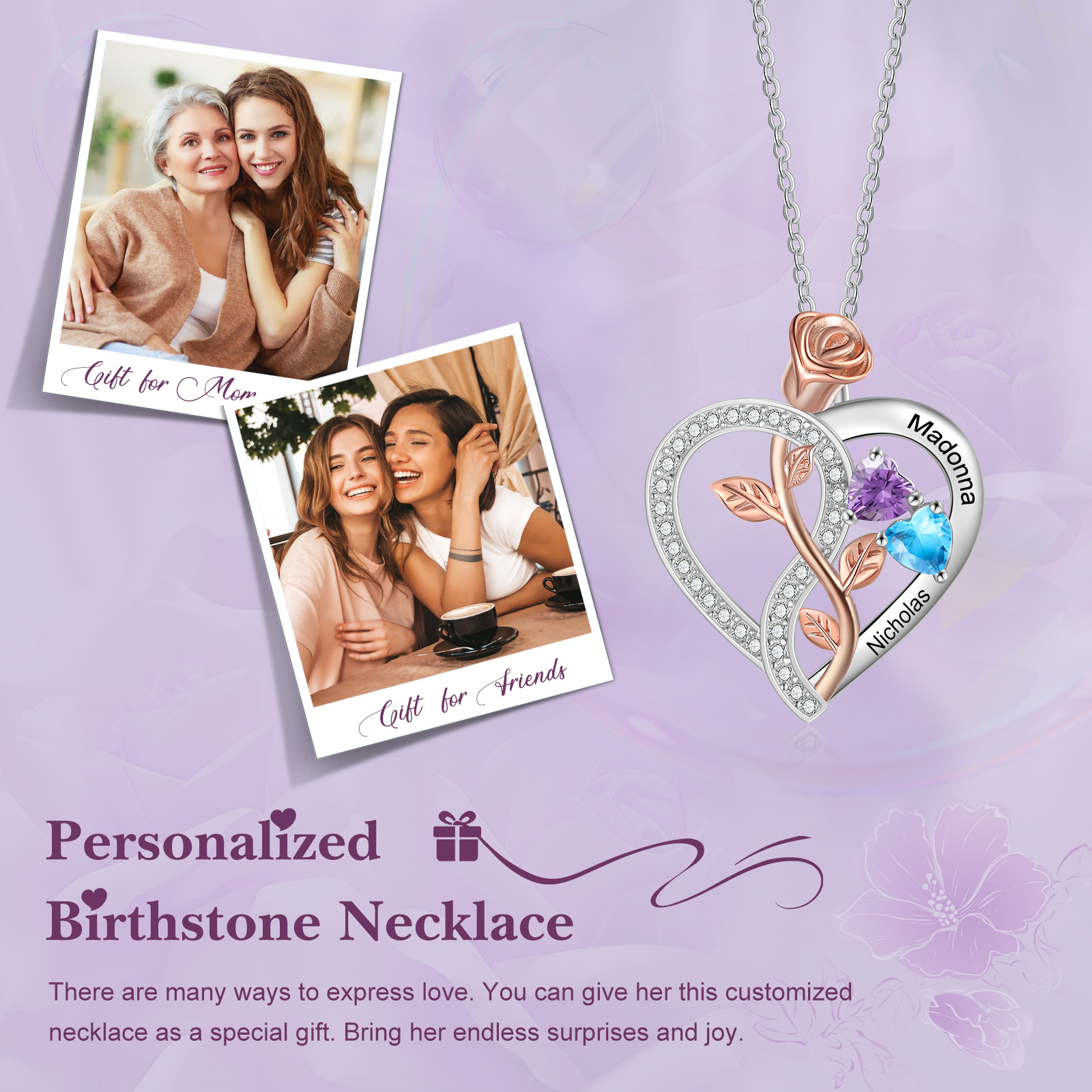 Collier Coeur Rose 2 Prénoms Personnalisés avec Pierres de naissance pour Femmes Saint Valentin｜Jessemade