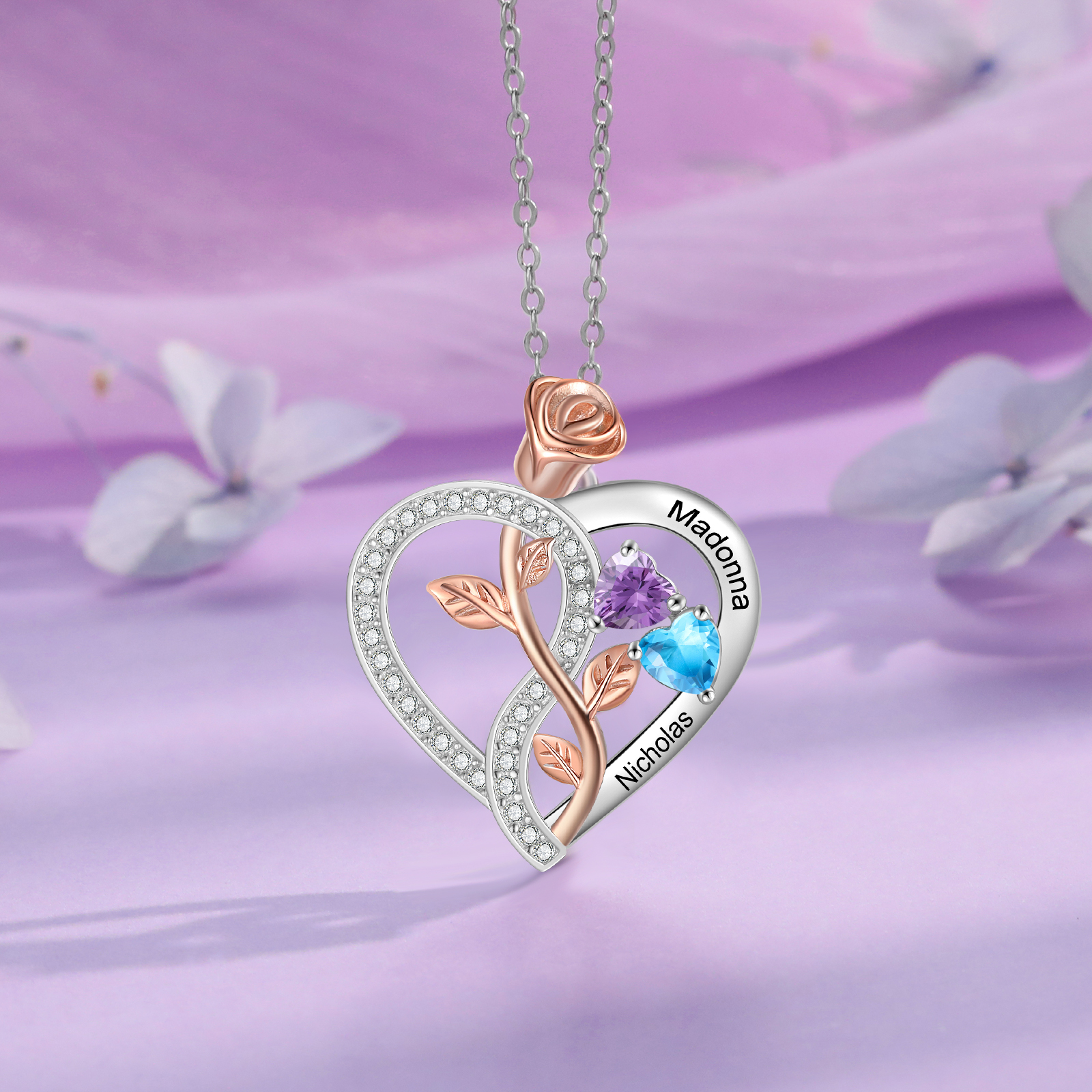 Collier Coeur Rose 2 Prénoms Personnalisés avec Pierres de naissance pour Femmes Saint Valentin｜Jessemade