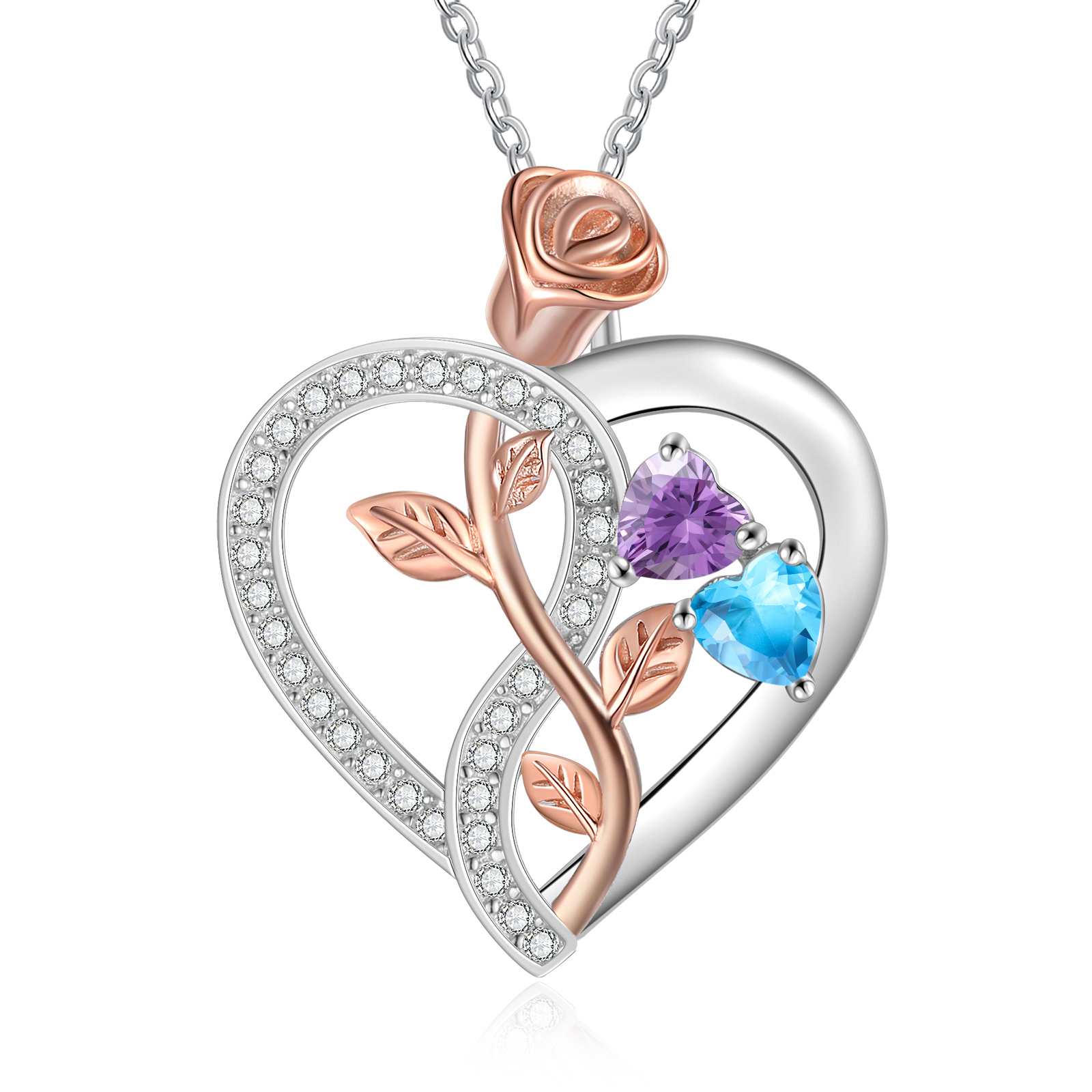 Collier Coeur Rose 2 Prénoms Personnalisés avec Pierres de naissance pour Femmes Saint Valentin｜Jessemade