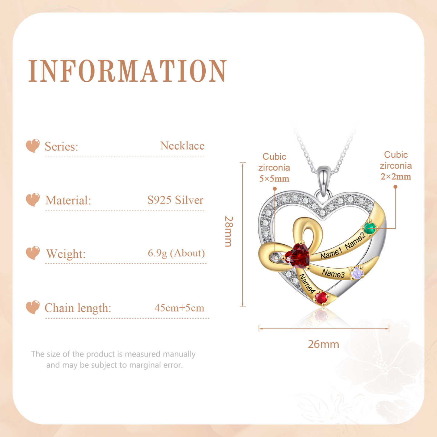 Collier Coeur nœud à deux boucles 3 Prénoms Personnalisés avec Pierres de naissance pour Femmes Argent S925|Jessemade