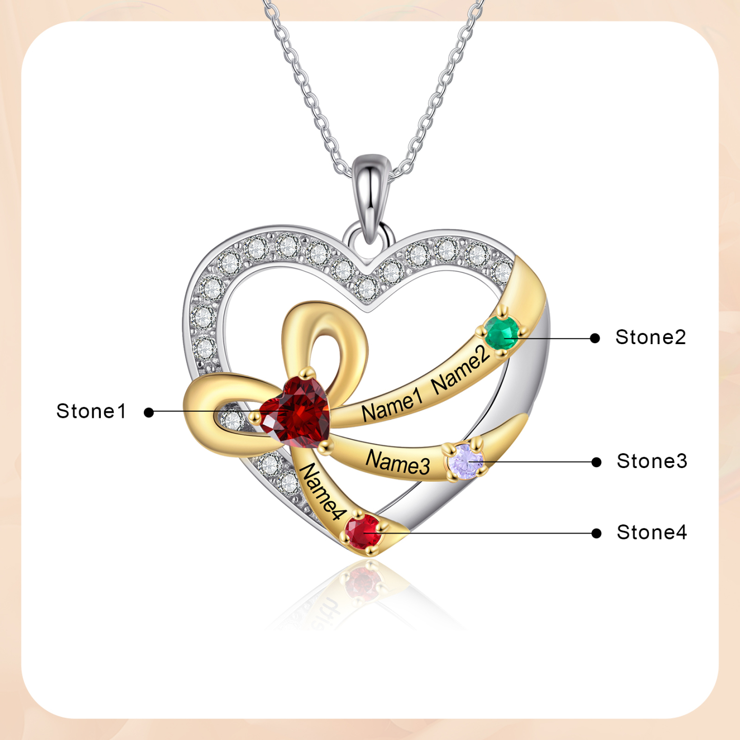Collier Coeur nœud à deux boucles 3 Prénoms Personnalisés avec Pierres de naissance pour Femmes Argent S925|Jessemade
