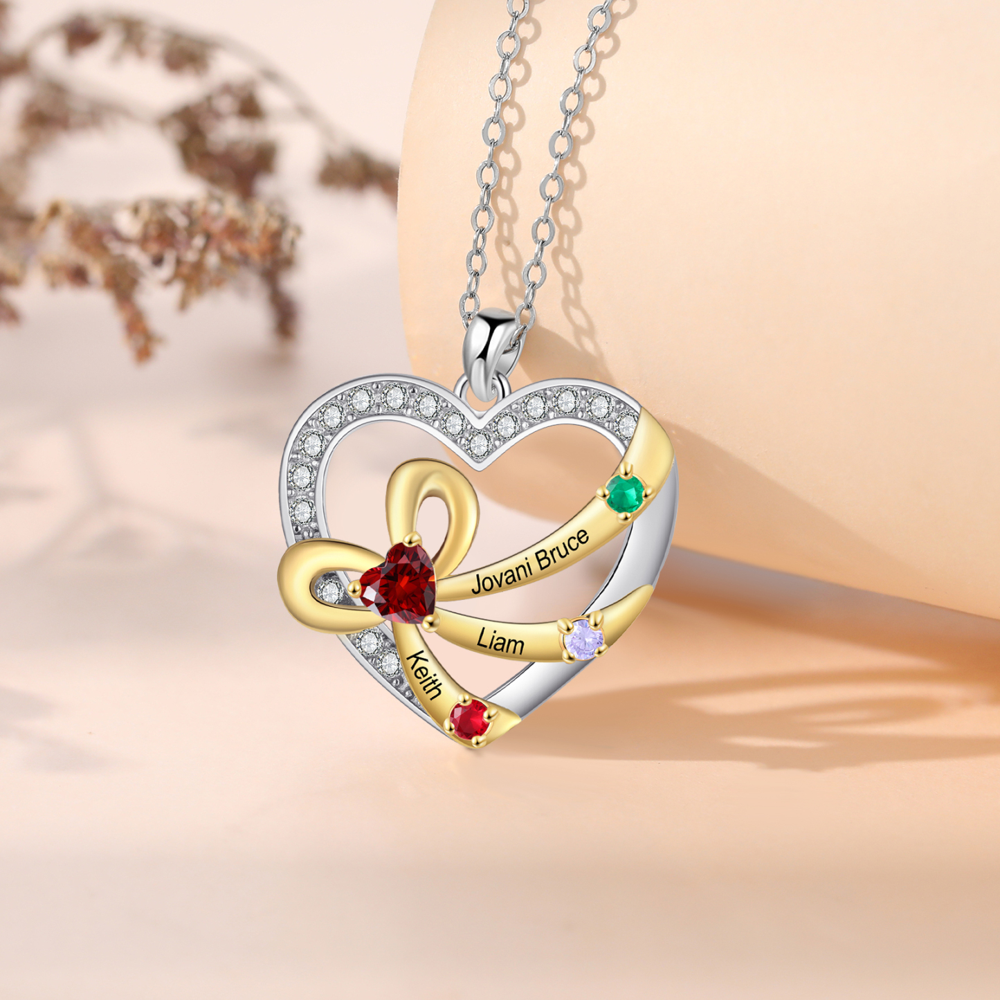 Collier Coeur nœud à deux boucles 3 Prénoms Personnalisés avec Pierres de naissance pour Femmes Argent S925|Jessemade