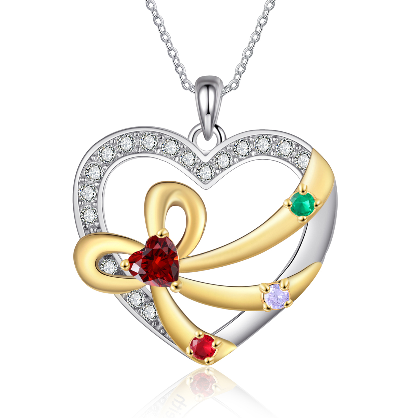 Collier Coeur nœud à deux boucles 3 Prénoms Personnalisés avec Pierres de naissance pour Femmes Argent S925|Jessemade