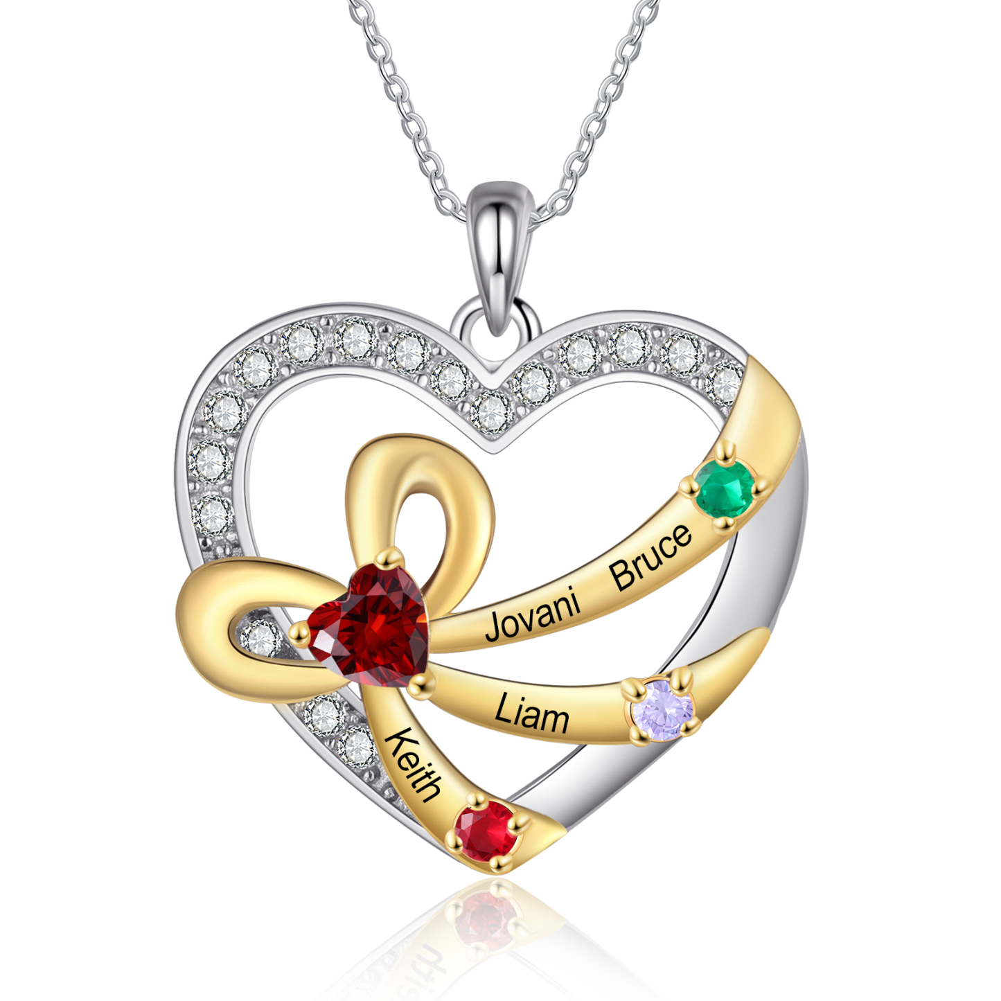 Collier Coeur nœud à deux boucles 3 Prénoms Personnalisés avec Pierres