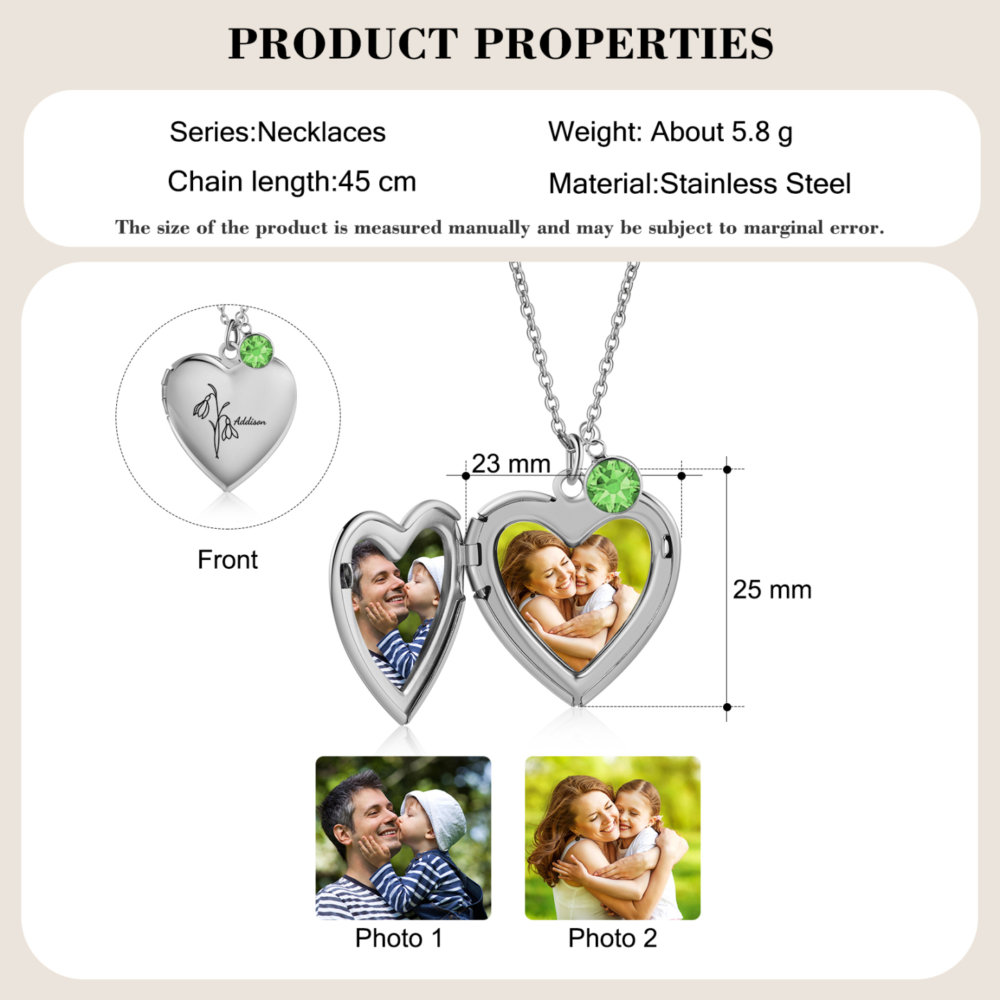 Collier Personnalisé en forme de coeur Pierre de Naissance Collier Personnalisable avec Fleur de Naissance et 2 Photos | Jessemade