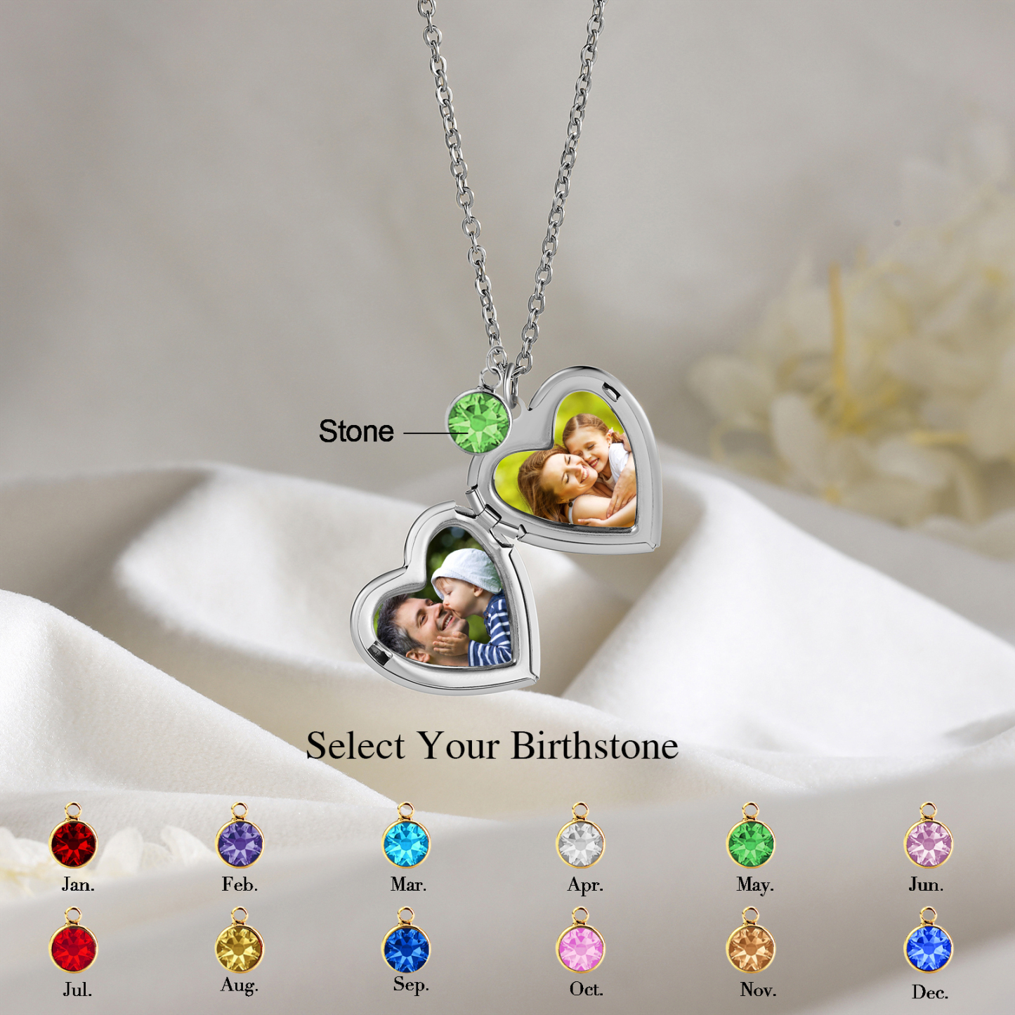 Collier Personnalisé en forme de coeur Pierre de Naissance Collier Personnalisable avec Fleur de Naissance et 2 Photos | Jessemade
