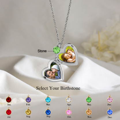 Collier Personnalisé en forme de coeur Pierre de Naissance Collier Personnalisable avec Fleur de Naissance et 2 Photos | Jessemade