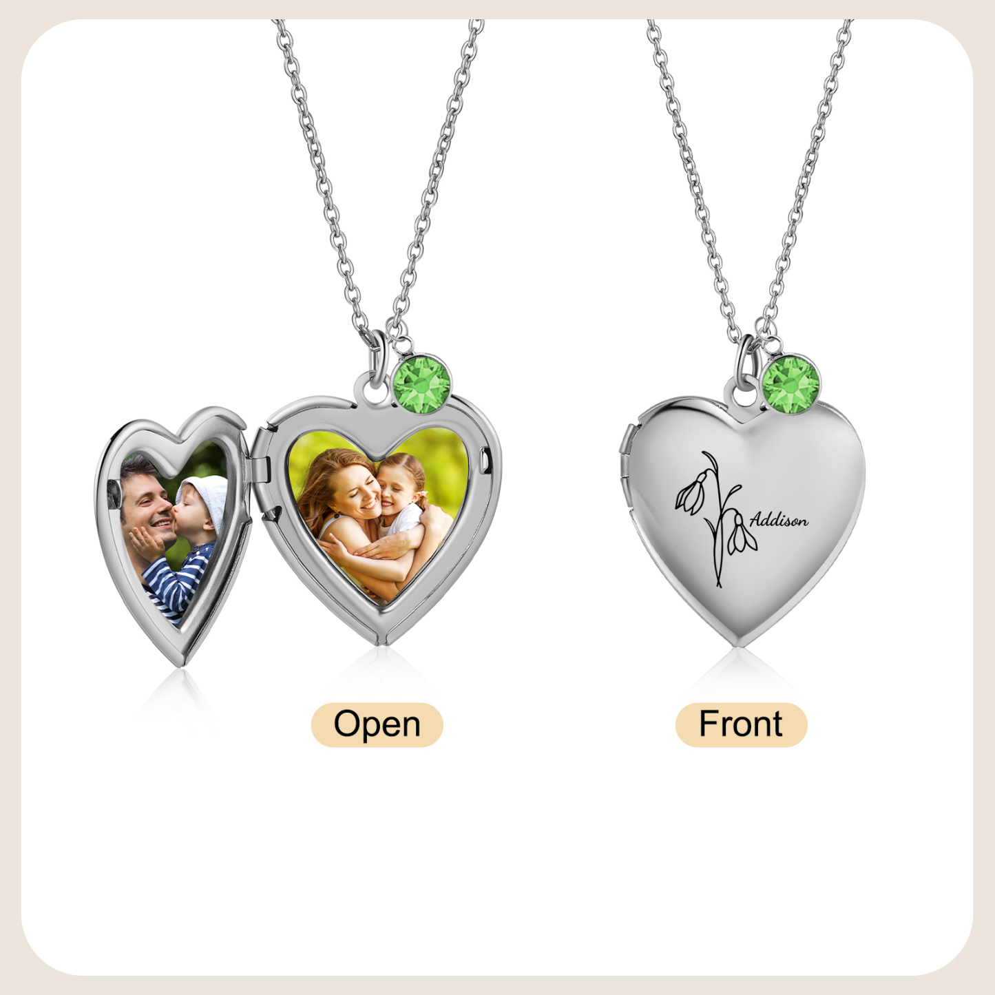 Collier Personnalisé en forme de coeur Pierre de Naissance Collier Personnalisable avec Fleur de Naissance et 2 Photos | Jessemade