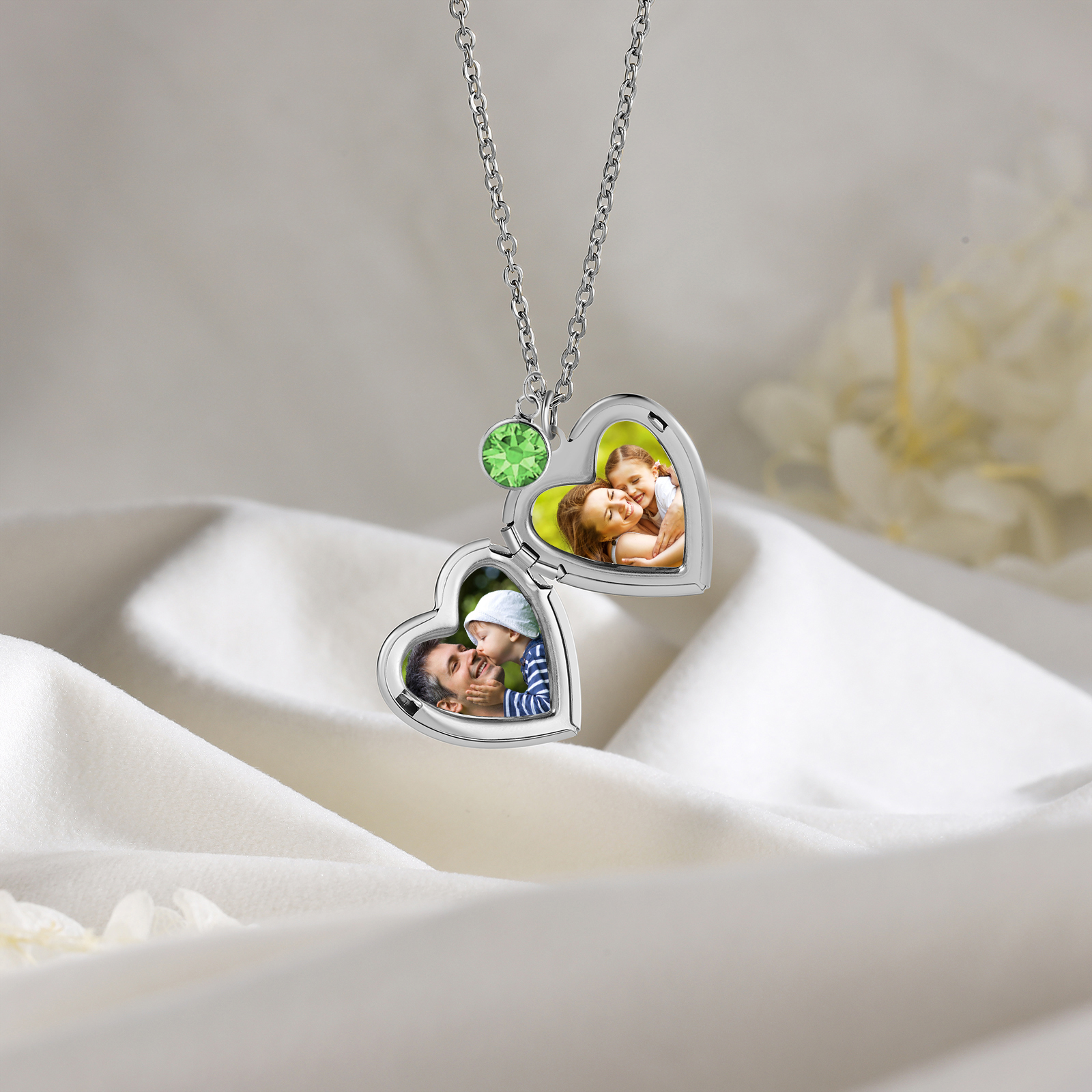 Collier Personnalisé en forme de coeur Pierre de Naissance Collier Personnalisable avec Fleur de Naissance et 2 Photos | Jessemade