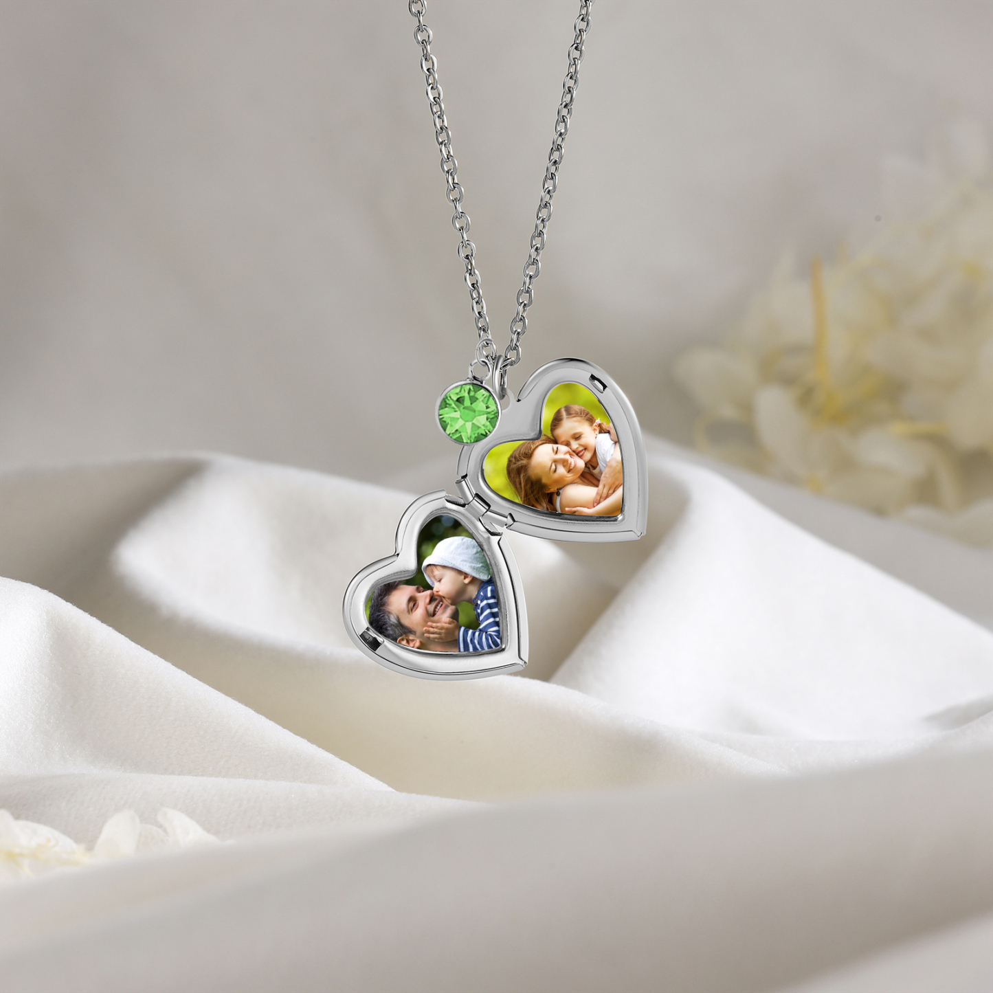 Collier Personnalisé en forme de coeur Pierre de Naissance Collier Personnalisable avec Fleur de Naissance et 2 Photos | Jessemade