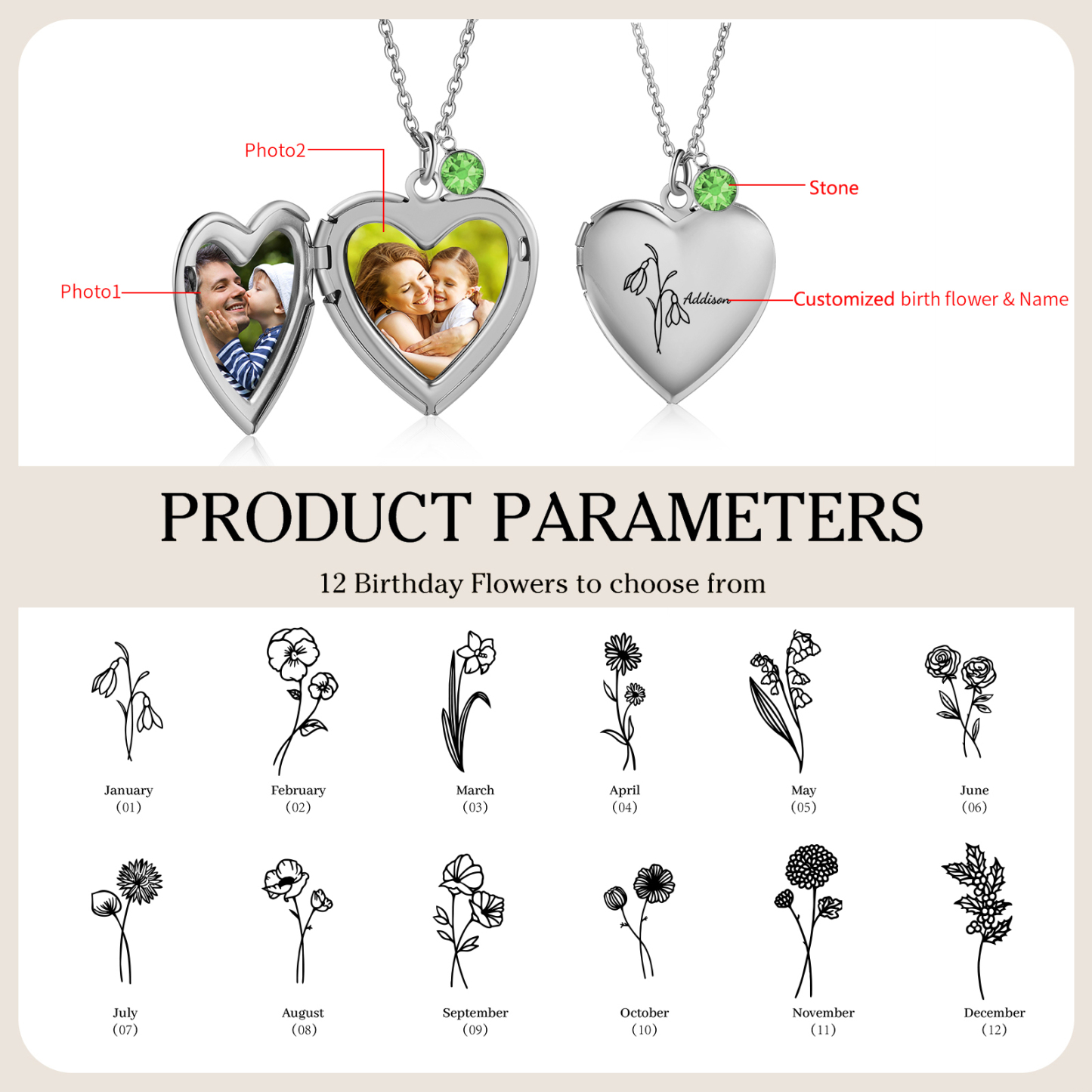 Collier Personnalisé en forme de coeur Pierre de Naissance Collier Personnalisable avec Fleur de Naissance et 2 Photos | Jessemade