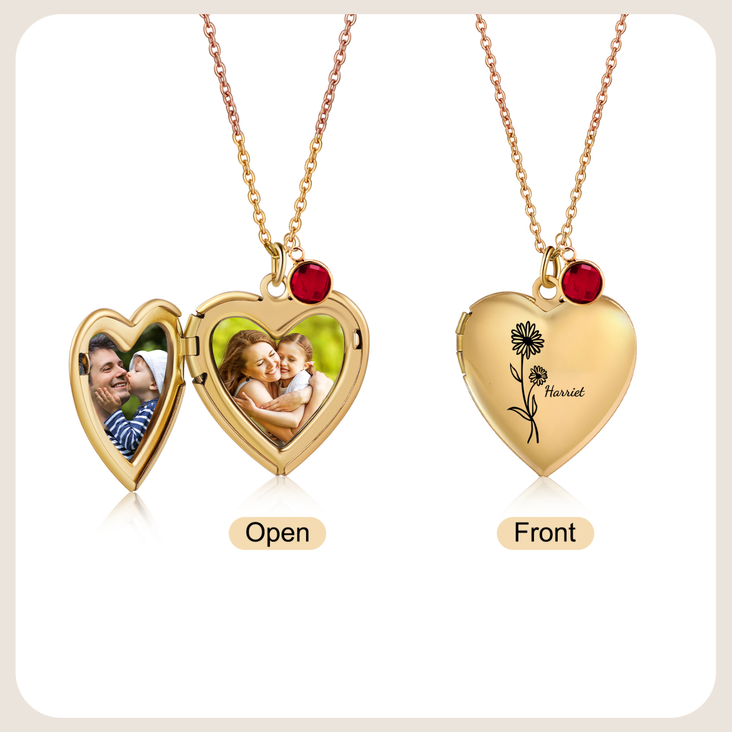 Collier Personnalisé en forme de coeur Pierre de Naissance Collier Personnalisable avec Fleur de Naissance et 2 Photos | Jessemade