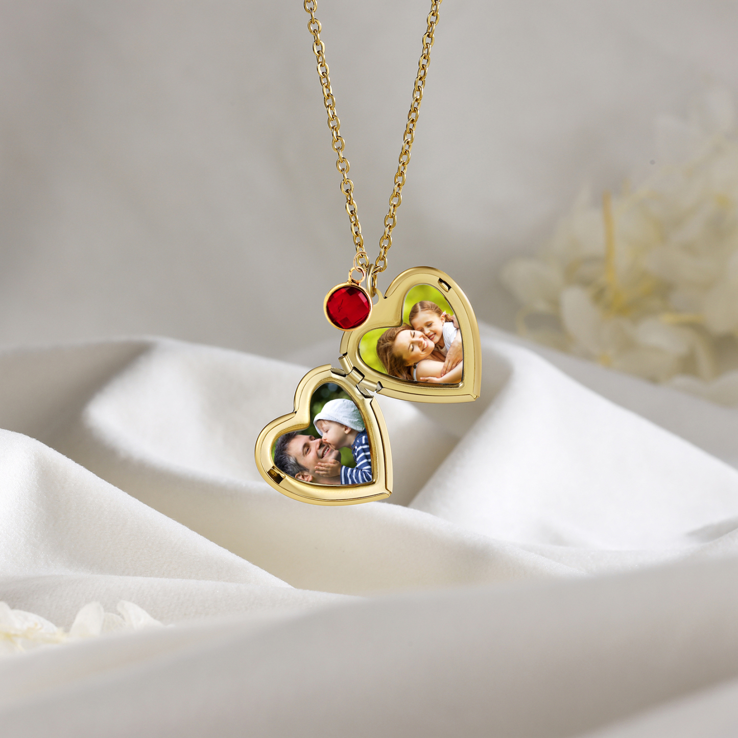 Collier Personnalisé en forme de coeur Pierre de Naissance Collier Personnalisable avec Fleur de Naissance et 2 Photos | Jessemade
