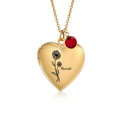 Collier Personnalisé en forme de coeur Pierre de Naissance Collier Personnalisable avec Fleur de Naissance et 2 Photos | Jessemade