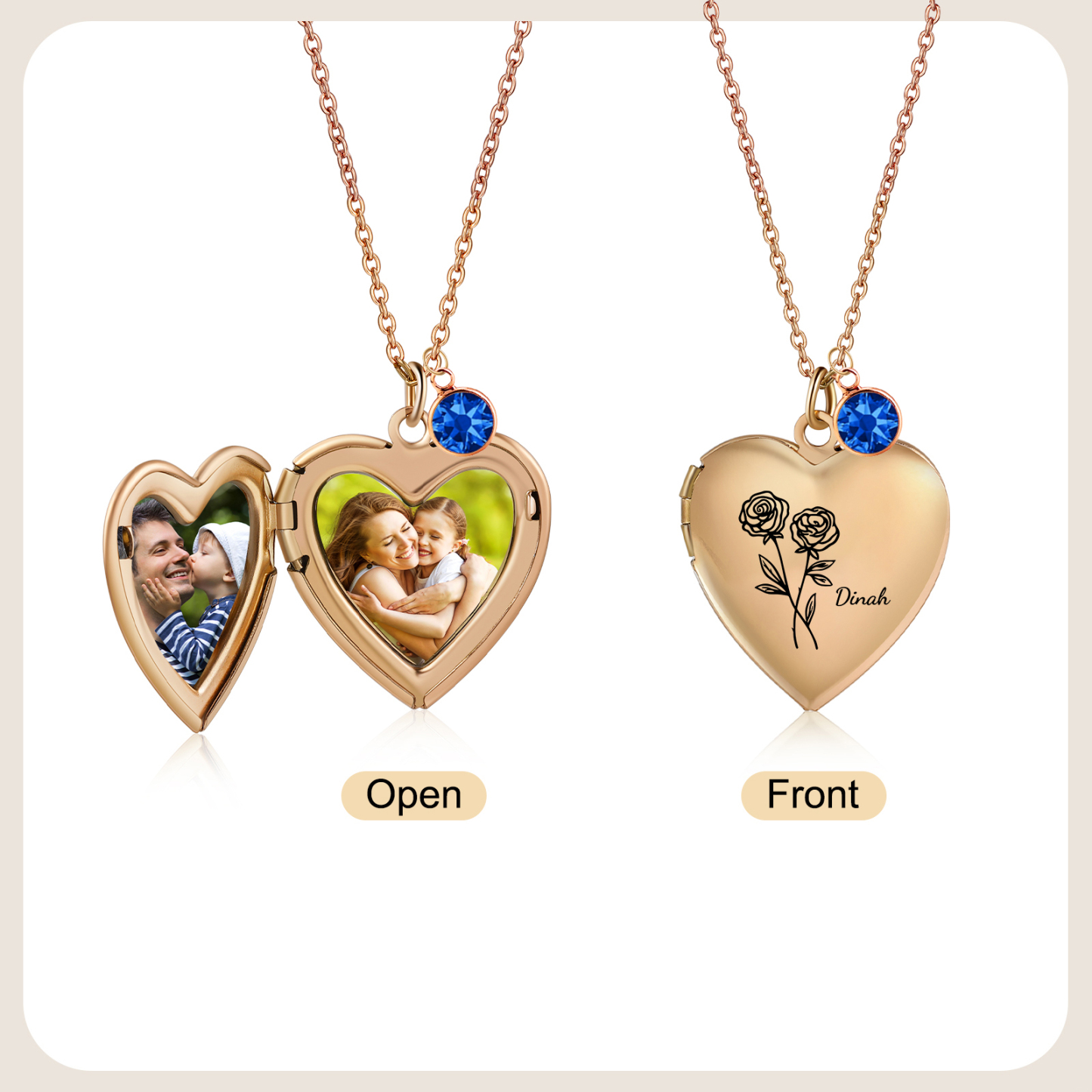 Collier Personnalisé en forme de coeur Pierre de Naissance Collier Personnalisable avec Fleur de Naissance et 2 Photos | Jessemade