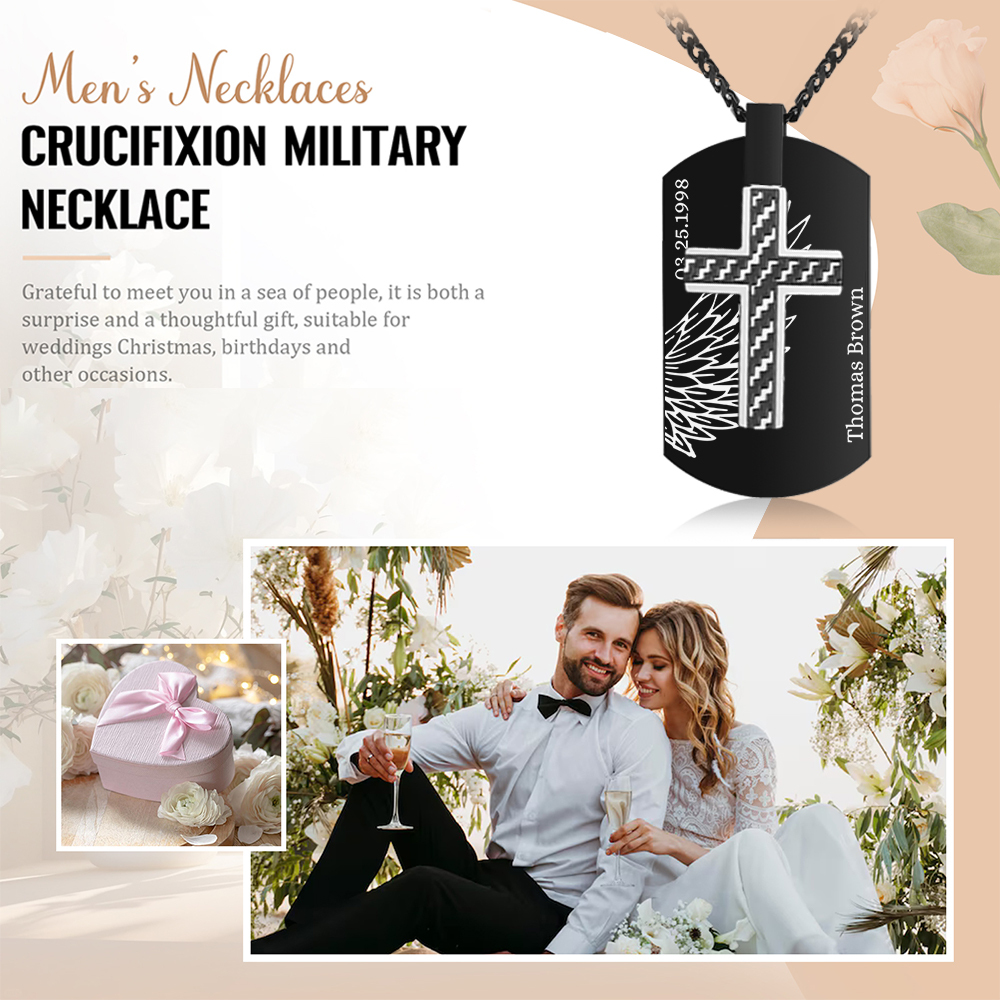 Collier Personnalisé Homme avec Prénom et Date Collier Croix et Ailes|Jessemade