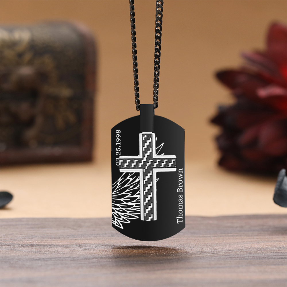 Collier Personnalisé Homme avec Prénom et Date Collier Croix et Ailes|Jessemade