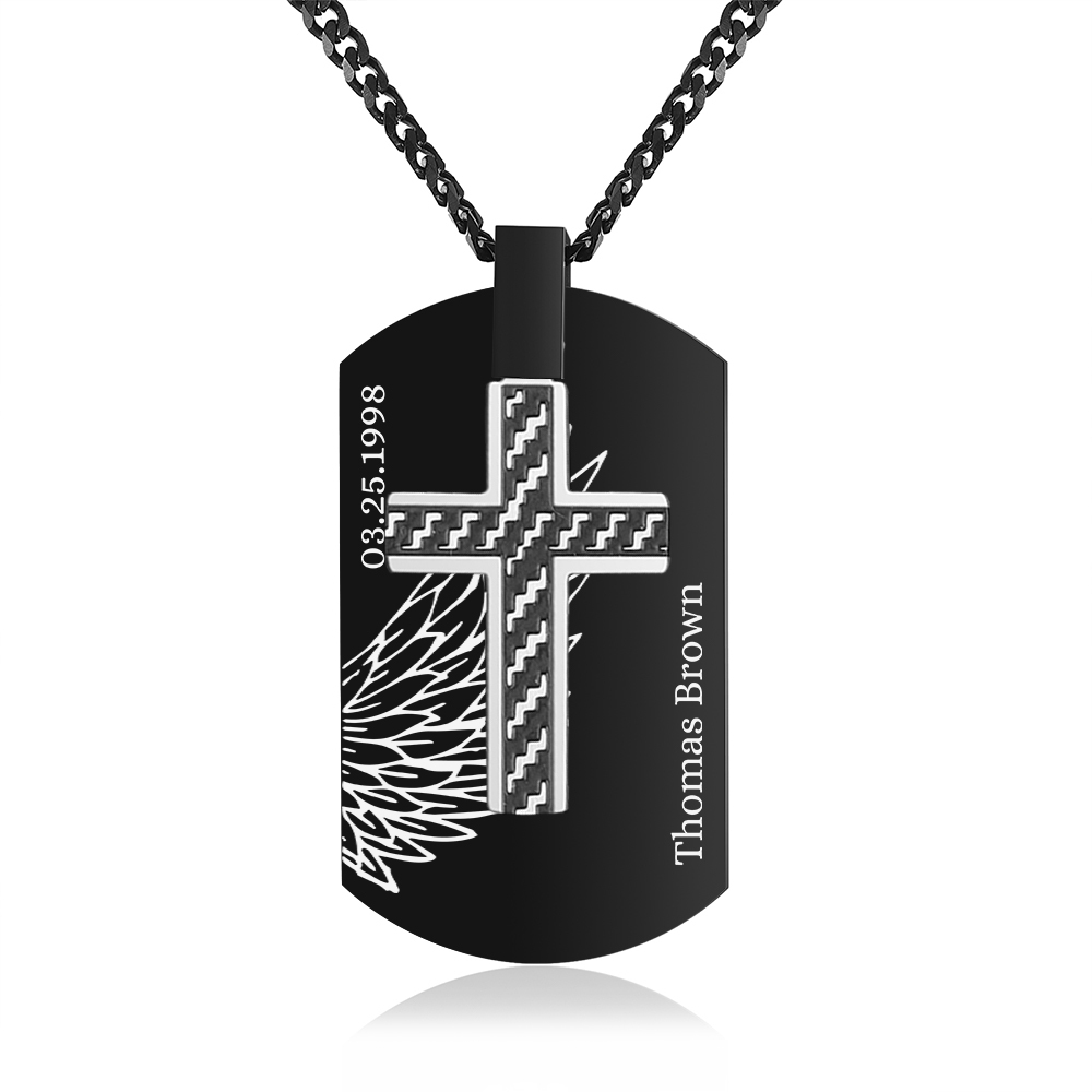 Collier Personnalisé Homme avec Prénom et Date Collier Croix et Ailes|