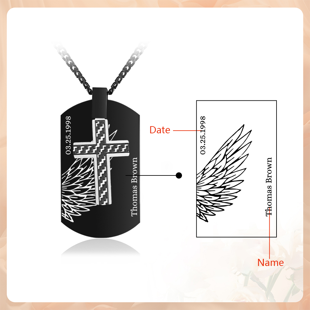 Collier Personnalisé Homme avec Prénom et Date Collier Croix et Ailes｜Jessemade
