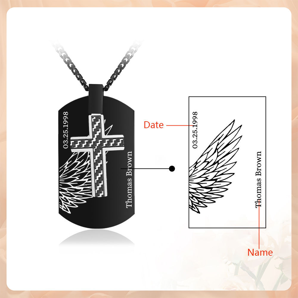 Collier Personnalisé Homme avec Prénom et Date Collier Croix et Ailes|Jessemade