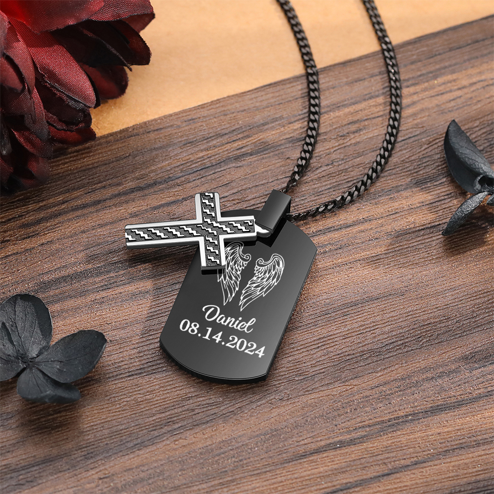 Collier Personnalisé Homme avec Prénom et Date Collier Croix et Ailes|Jessemade