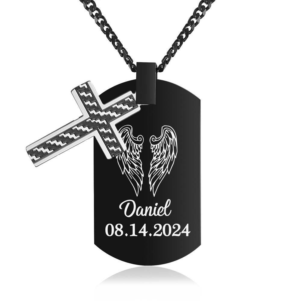 Collier Personnalisé Homme avec Prénom et Date Collier Croix et Ailes|Jessemade