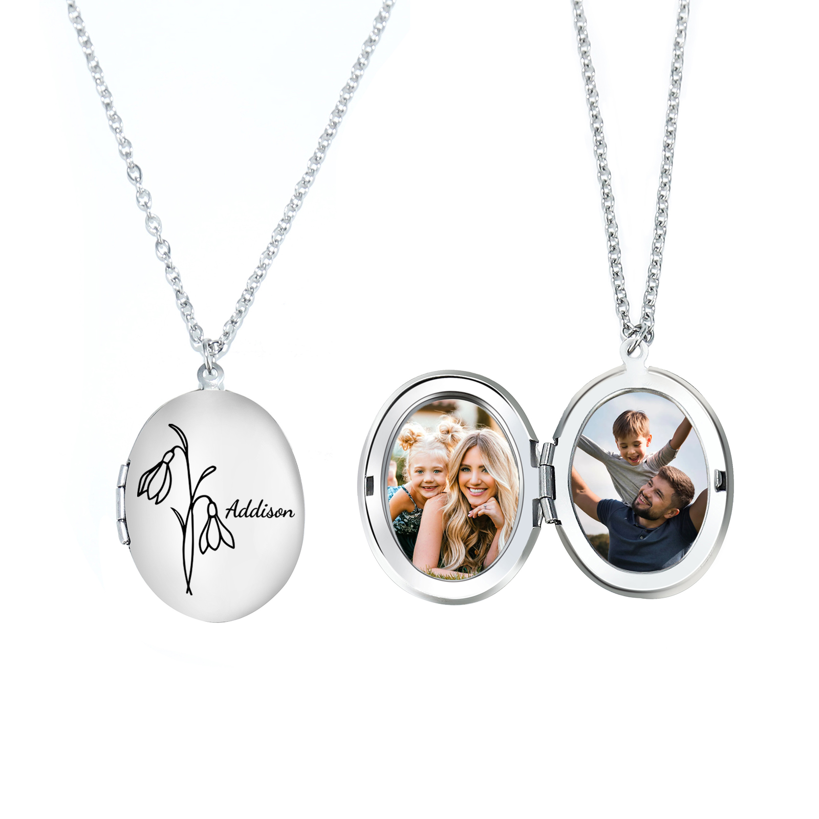 Collier Personnalisé en acier inoxydable Ovale Personnalisable avec Fleur de Naissance et Photos | Jessemade