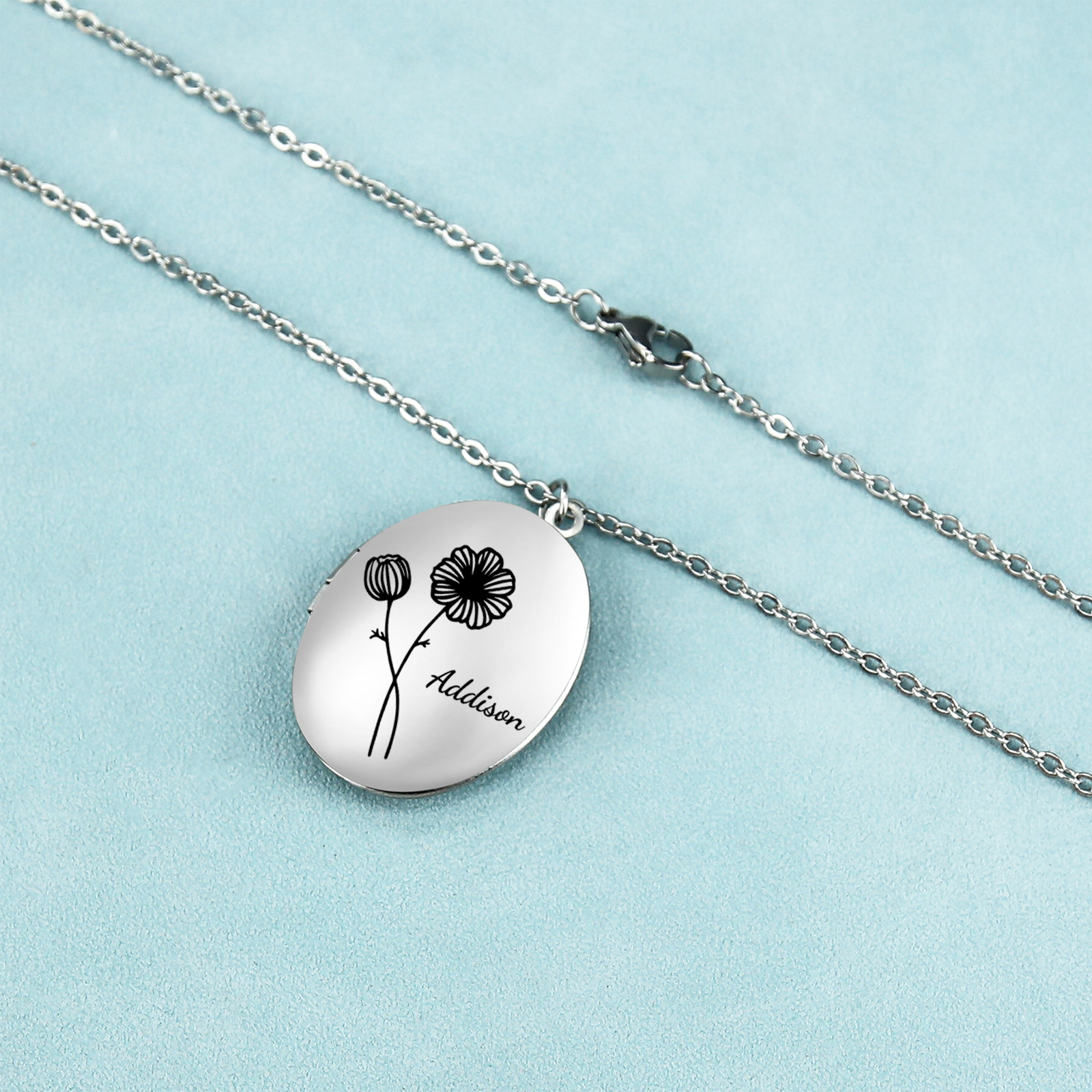 Collier Personnalisé en acier inoxydable Ovale Personnalisable avec Fleur de Naissance et Photos | Jessemade