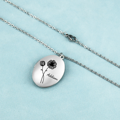 Collier Personnalisé en acier inoxydable Ovale Personnalisable avec Fleur de Naissance et Photos | Jessemade