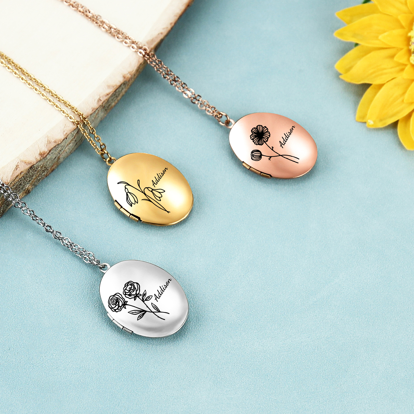 Collier Personnalisé en acier inoxydable Ovale Personnalisable avec Fleur de Naissance et Photos | Jessemade