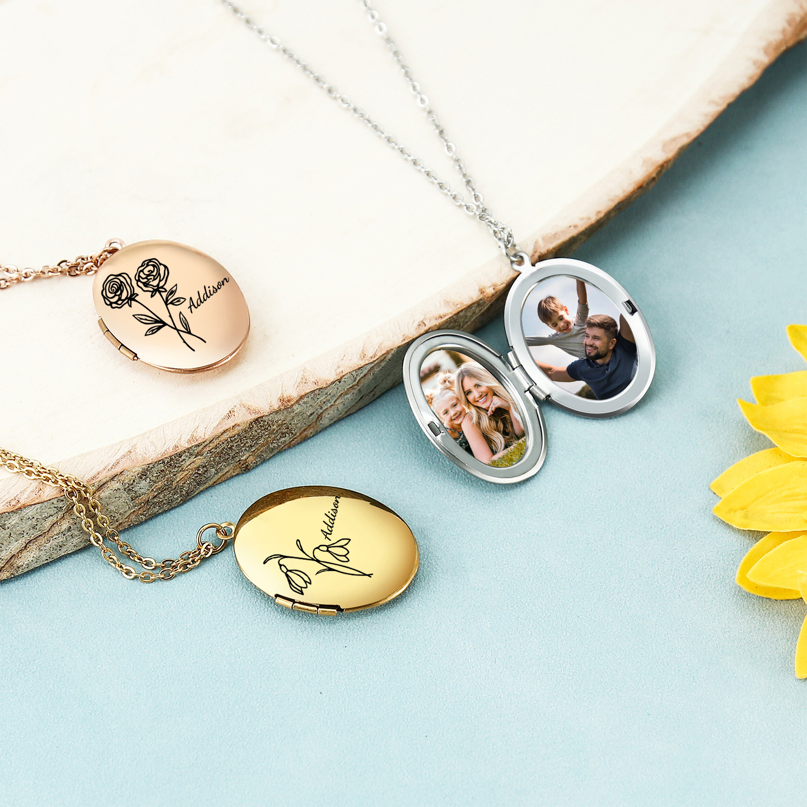 Collier Personnalisé en acier inoxydable Ovale Personnalisable avec Fleur de Naissance et Photos | Jessemade