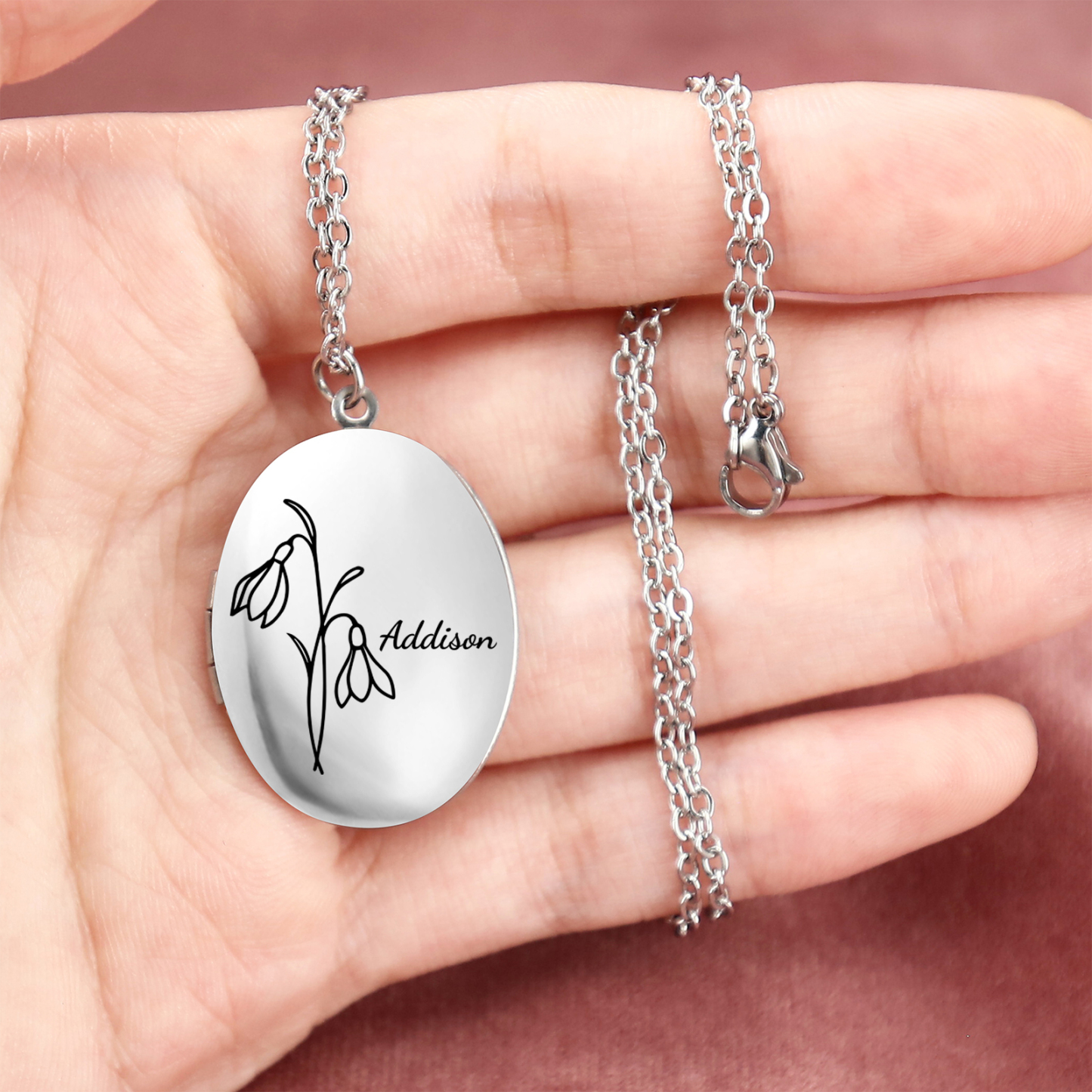 Collier Personnalisé en acier inoxydable Ovale Personnalisable avec Fleur de Naissance et Photos | Jessemade