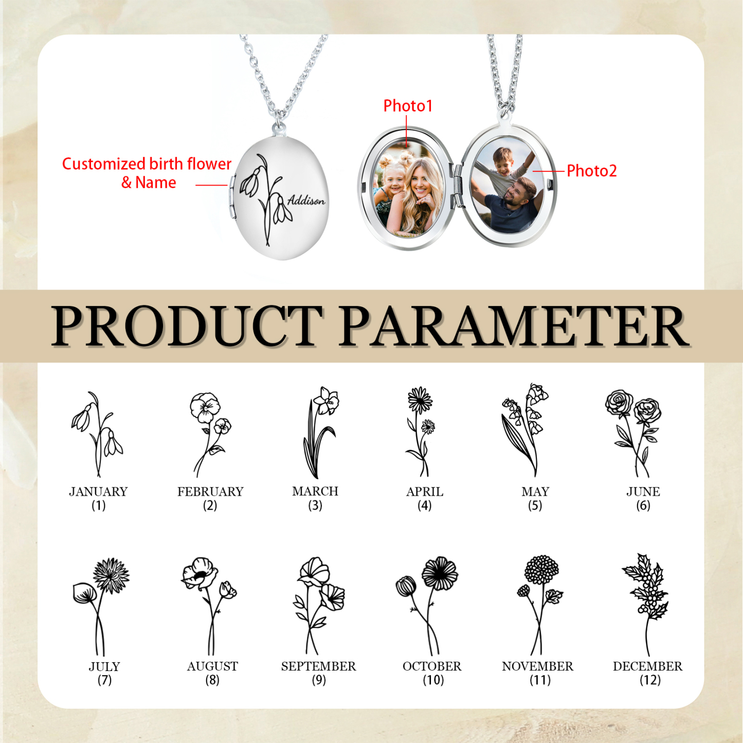 Collier Personnalisé en acier inoxydable Ovale Personnalisable avec Fleur de Naissance et Photos | Jessemade