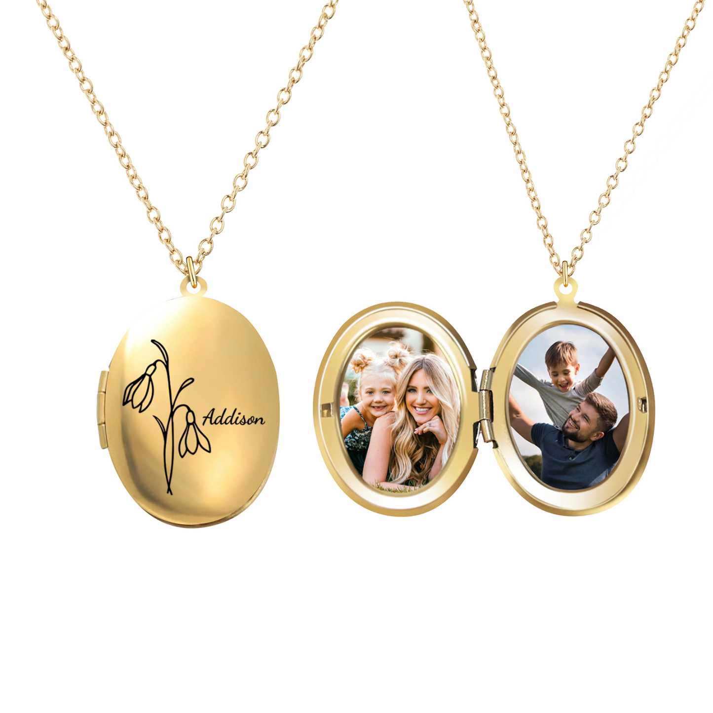 Collier Personnalisé en acier inoxydable Ovale Personnalisable avec Fleur de Naissance et Photos | Jessemade