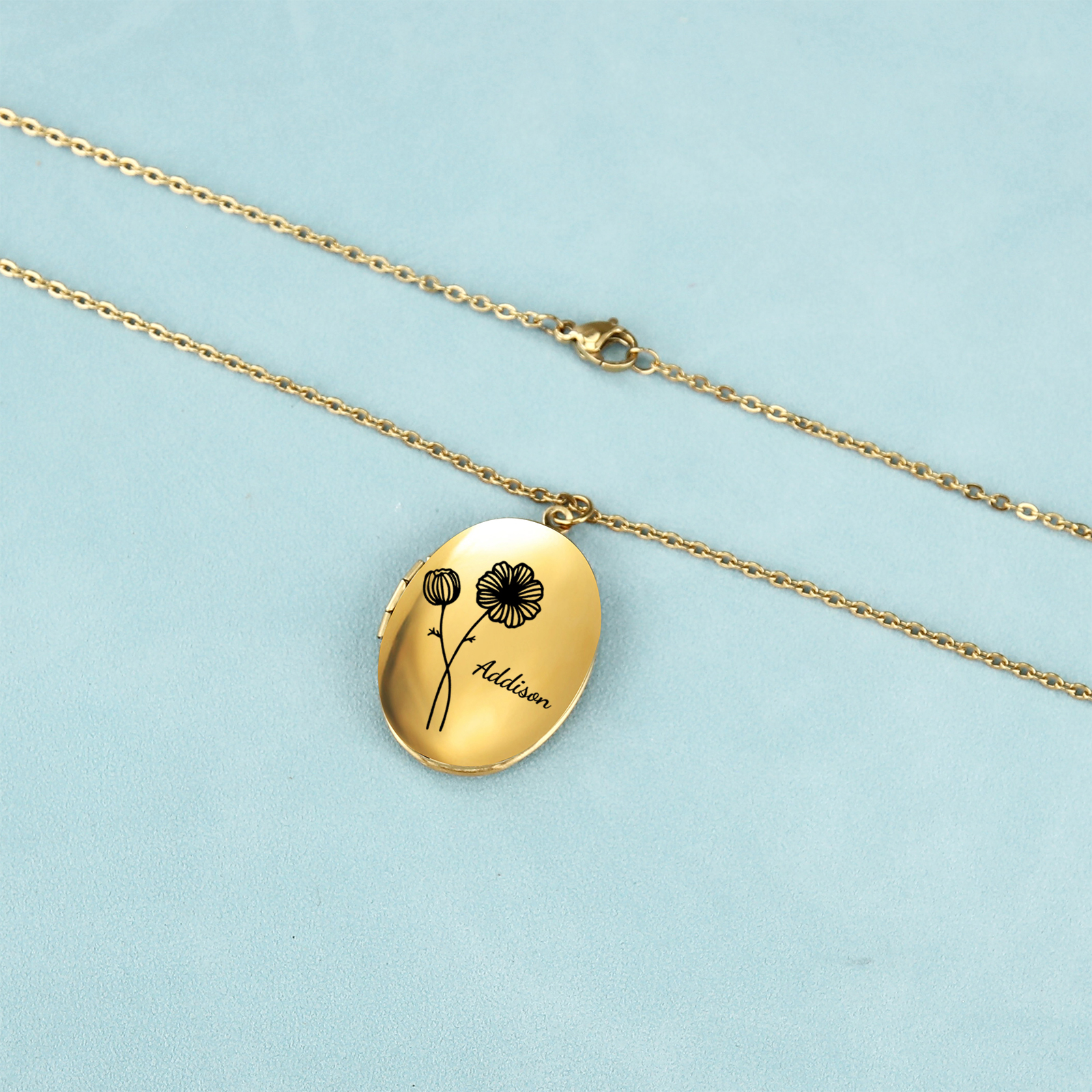 Collier Personnalisé en acier inoxydable Ovale Personnalisable avec Fleur de Naissance et Photos | Jessemade