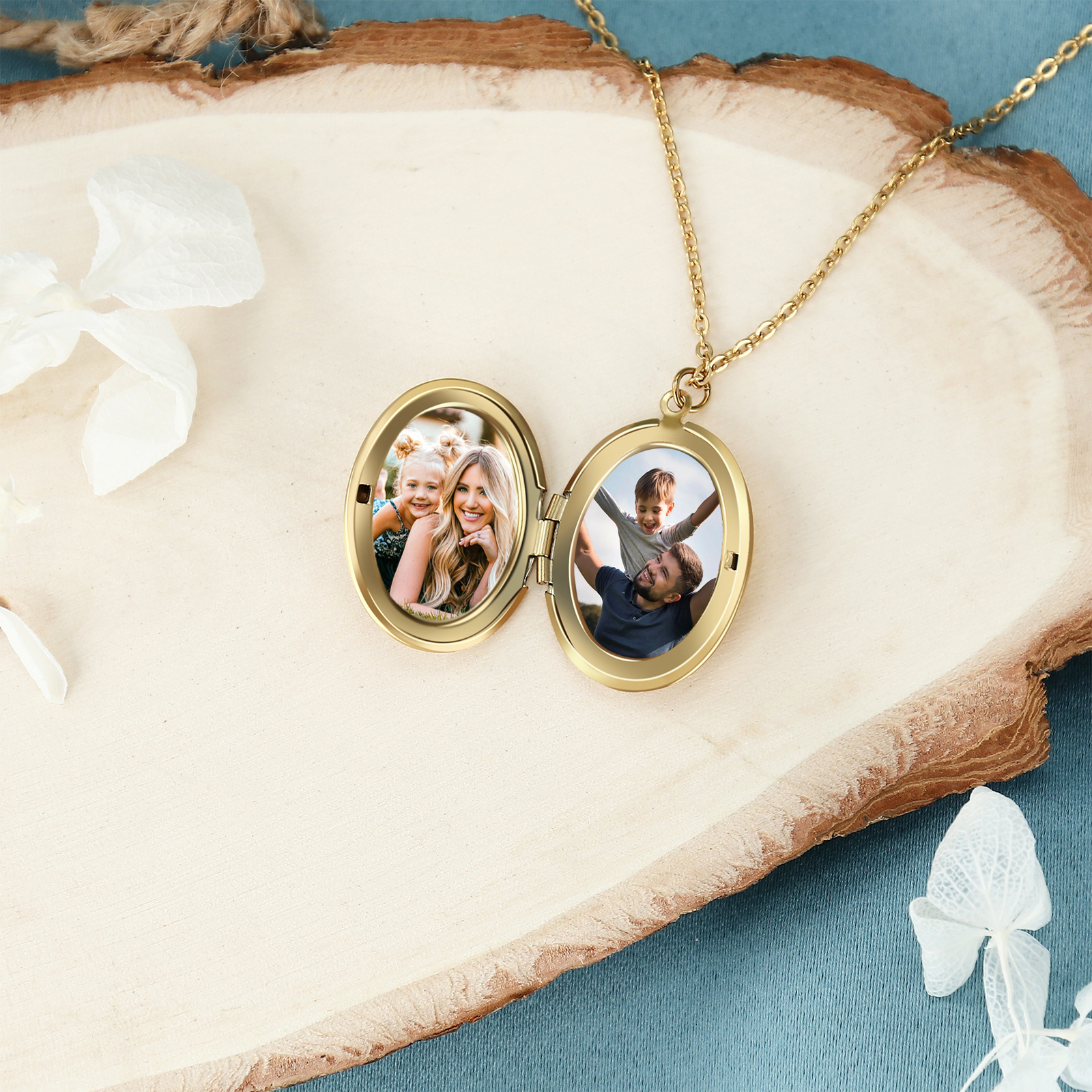 Collier Personnalisé en acier inoxydable Ovale Personnalisable avec Fleur de Naissance et Photos | Jessemade