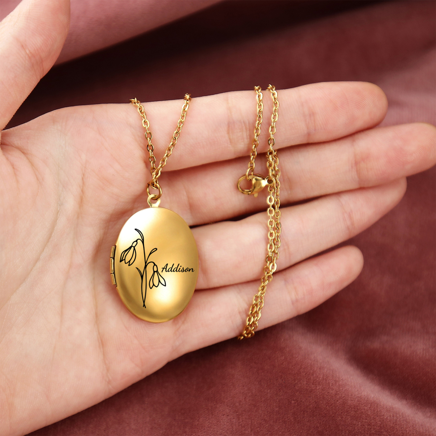 Collier Personnalisé en acier inoxydable Ovale Personnalisable avec Fleur de Naissance et Photos | Jessemade