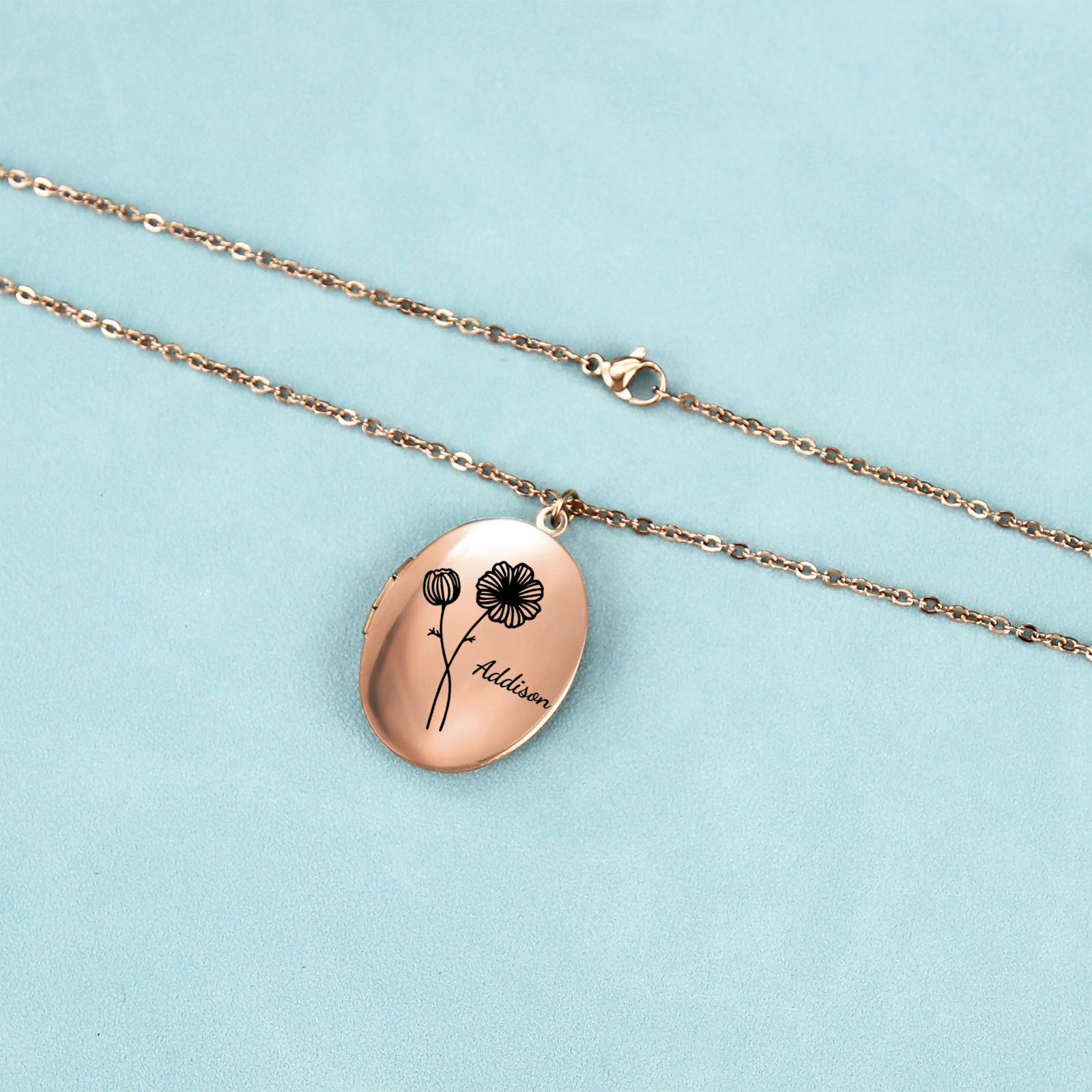 Collier Personnalisé en acier inoxydable Ovale Personnalisable avec Fleur de Naissance et Photos | Jessemade