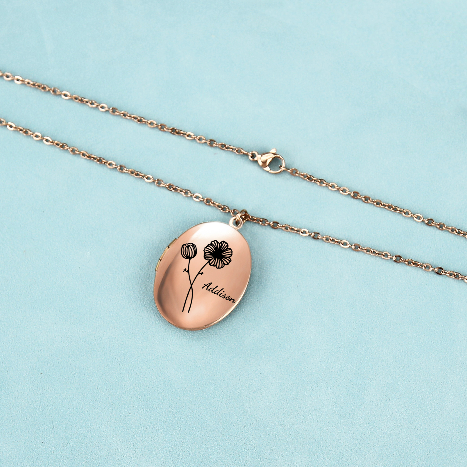 Collier Personnalisé en acier inoxydable Ovale Personnalisable avec Fleur de Naissance et Photos | Jessemade