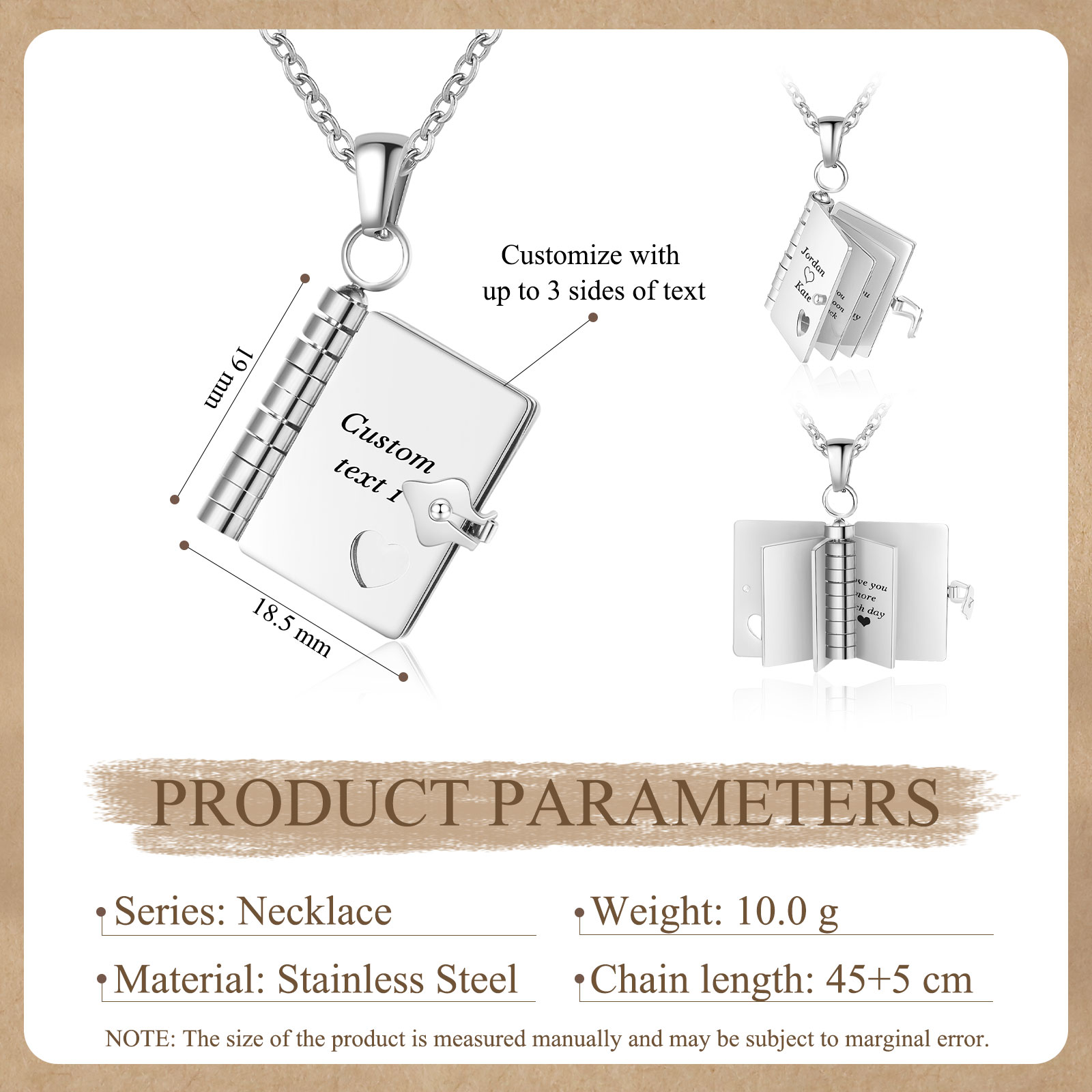 Pendentif Livre Personnalisable à Texte Gravé Collier Personnalisé 2 Prénoms avec Textes｜Jessemade