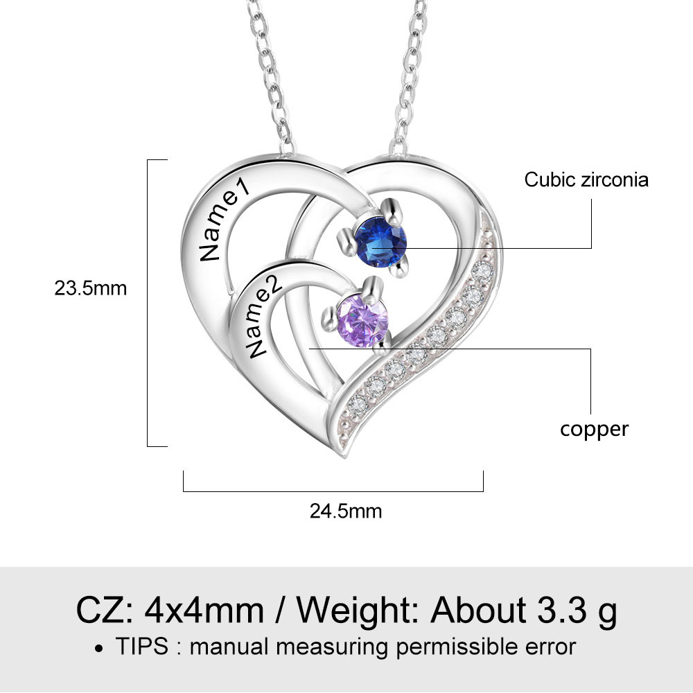 Collier Pendentif en forme de Cœur Personnalisés avec 2 Prénoms et 2 Pierres de Naissance