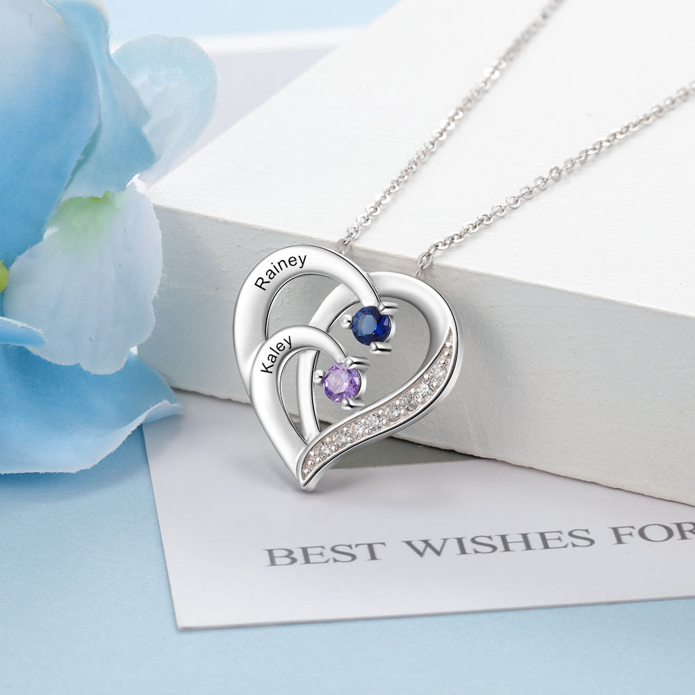 Collier Pendentif en forme de Cœur Personnalisés avec 2 Prénoms et 2 Pierres de Naissance