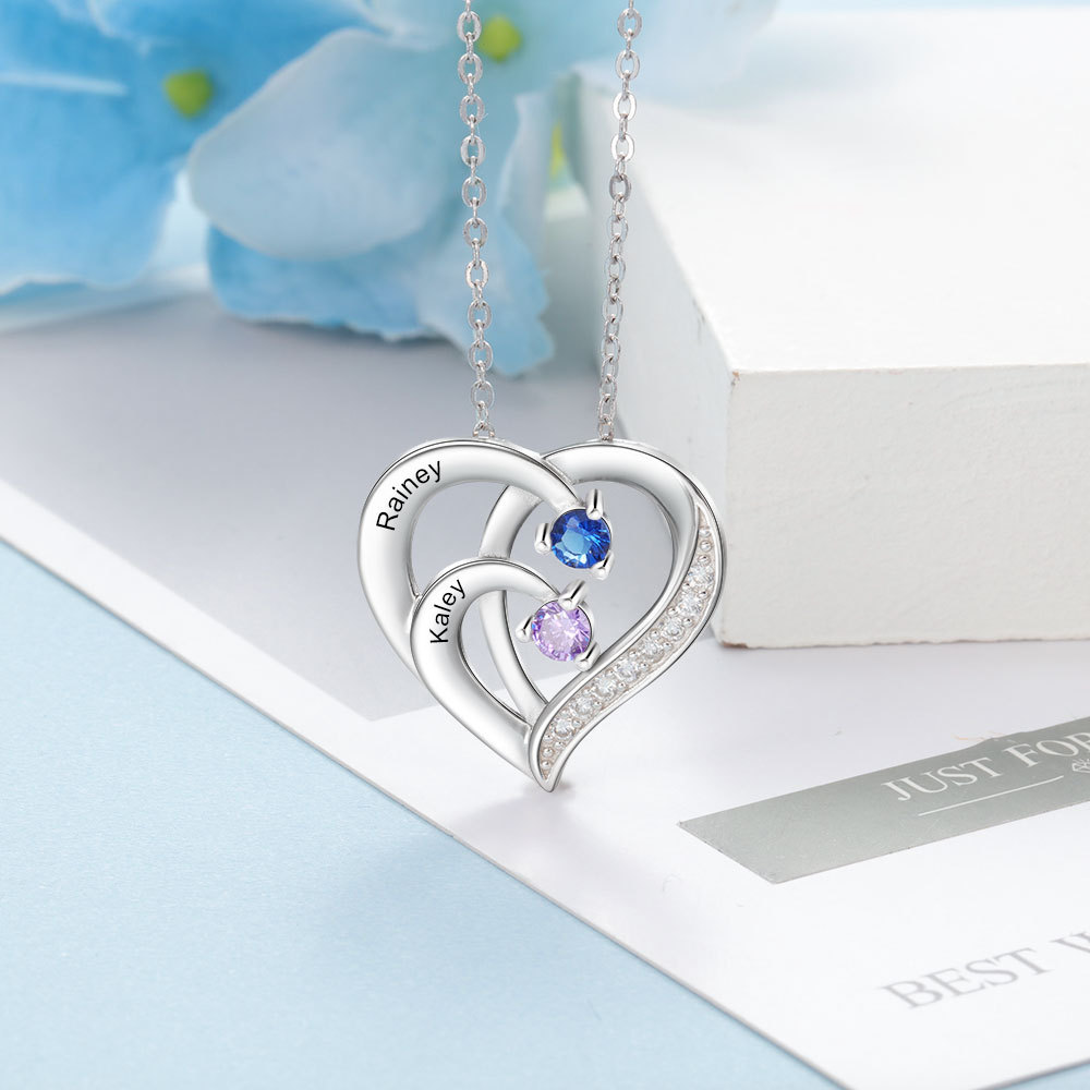 Collier Pendentif en forme de Cœur Personnalisés avec 2 Prénoms et 2 Pierres de Naissance