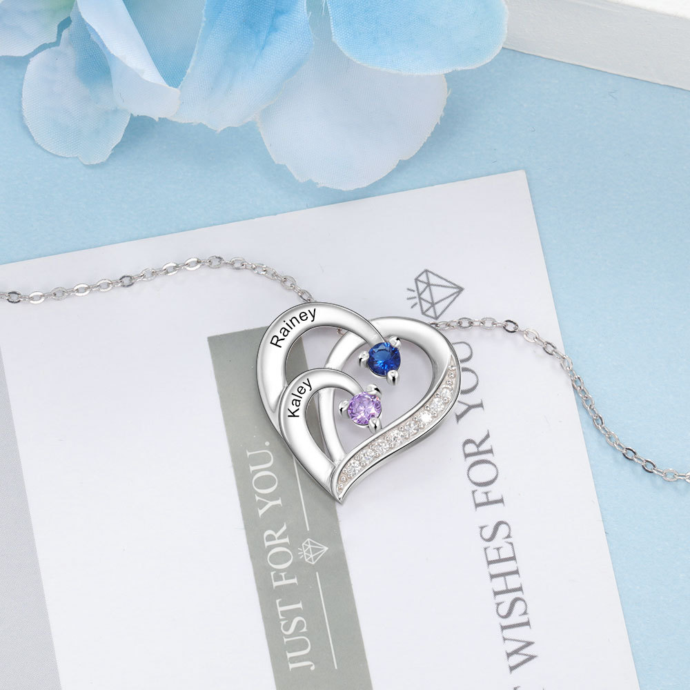 Collier Pendentif en forme de Cœur Personnalisés avec 2 Prénoms et 2 Pierres de Naissance