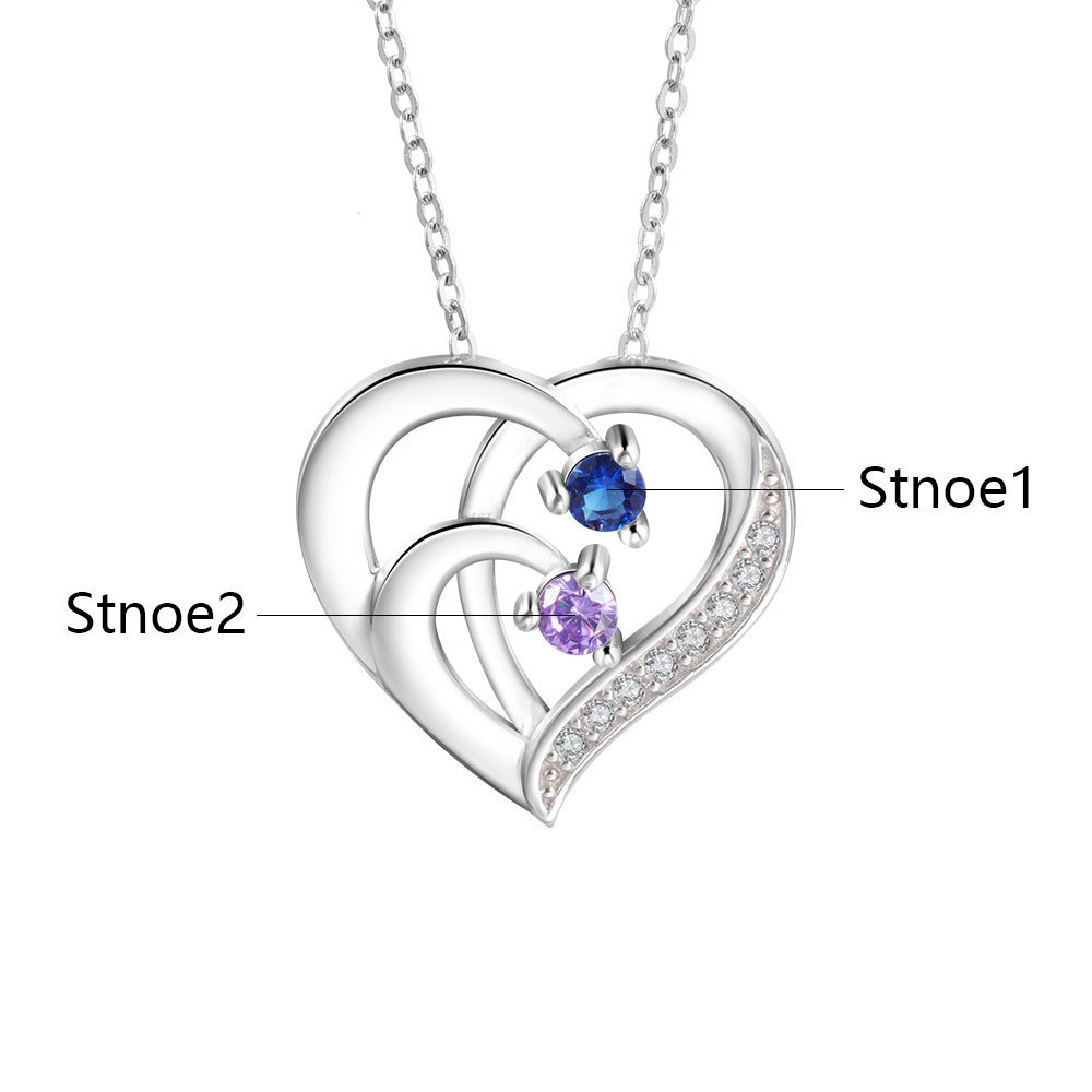 Collier Pendentif en forme de Cœur Personnalisés avec 2 Prénoms et 2 Pierres de Naissance