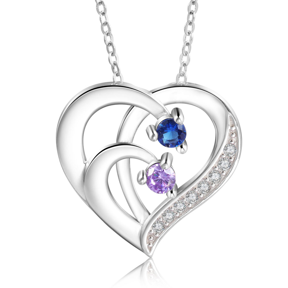 Collier Pendentif en forme de  Cœur Personnalisés avec 2 Prénoms et 2 Pierres de Naissance