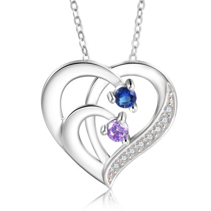 Collier Pendentif en forme de  Cœur Personnalisés avec 2 Prénoms et 2 Pierres de Naissance